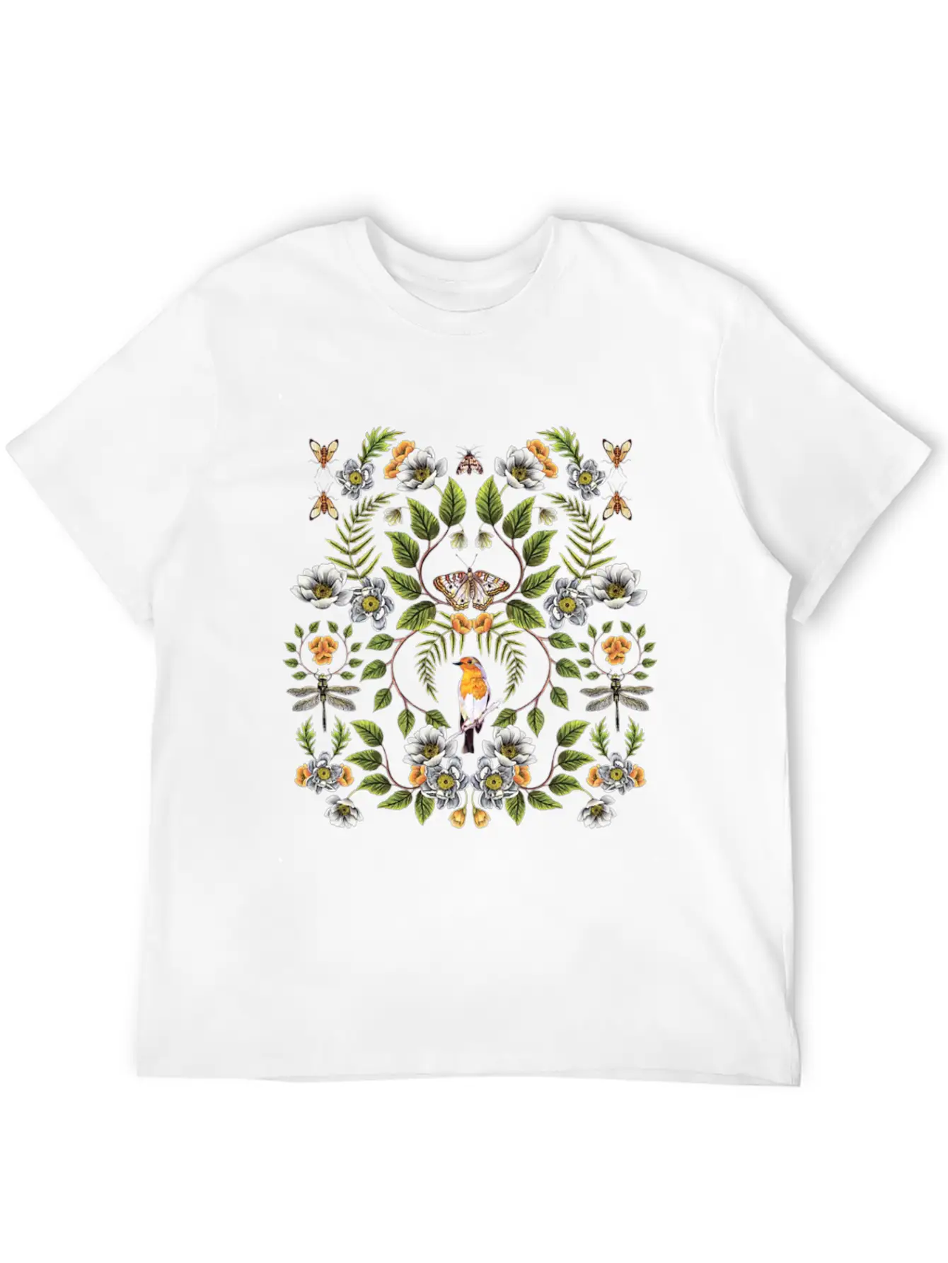 Spring Reflection Floral Birds, Moths, Dragonflies Lightweight Cotton T-Shirt – Daily Comfort Graphic Shirt