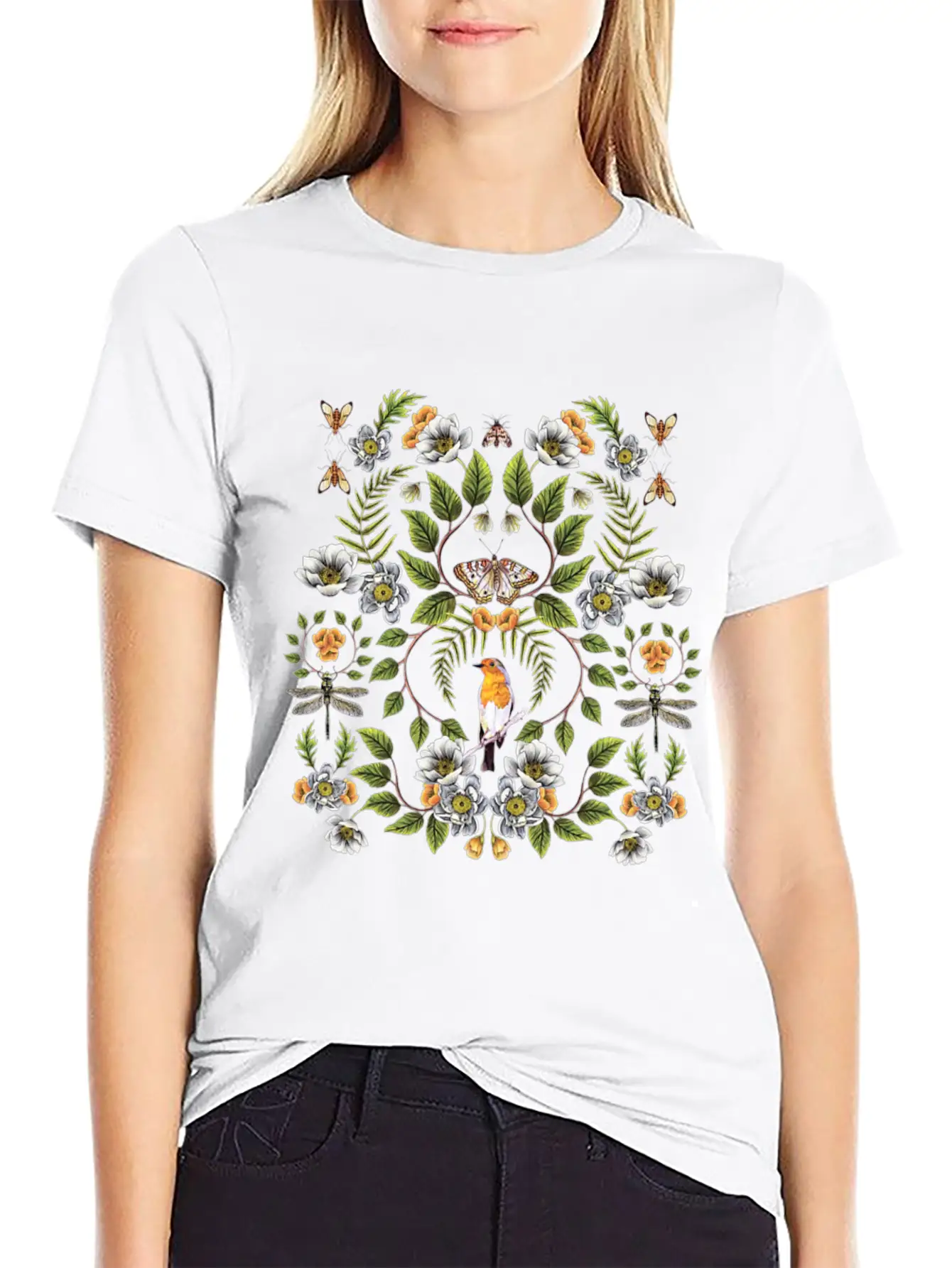 Spring Reflection Floral Birds, Moths, Dragonflies Lightweight Cotton T-Shirt – Daily Comfort Graphic Shirt