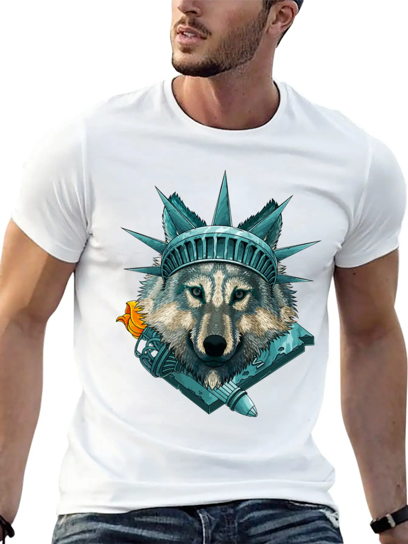 Statue Of Liberty Wolf 4th Of July Animal USA Amer Lightweight Cotton T-Shirt – Daily Comfort Graphic Shirt