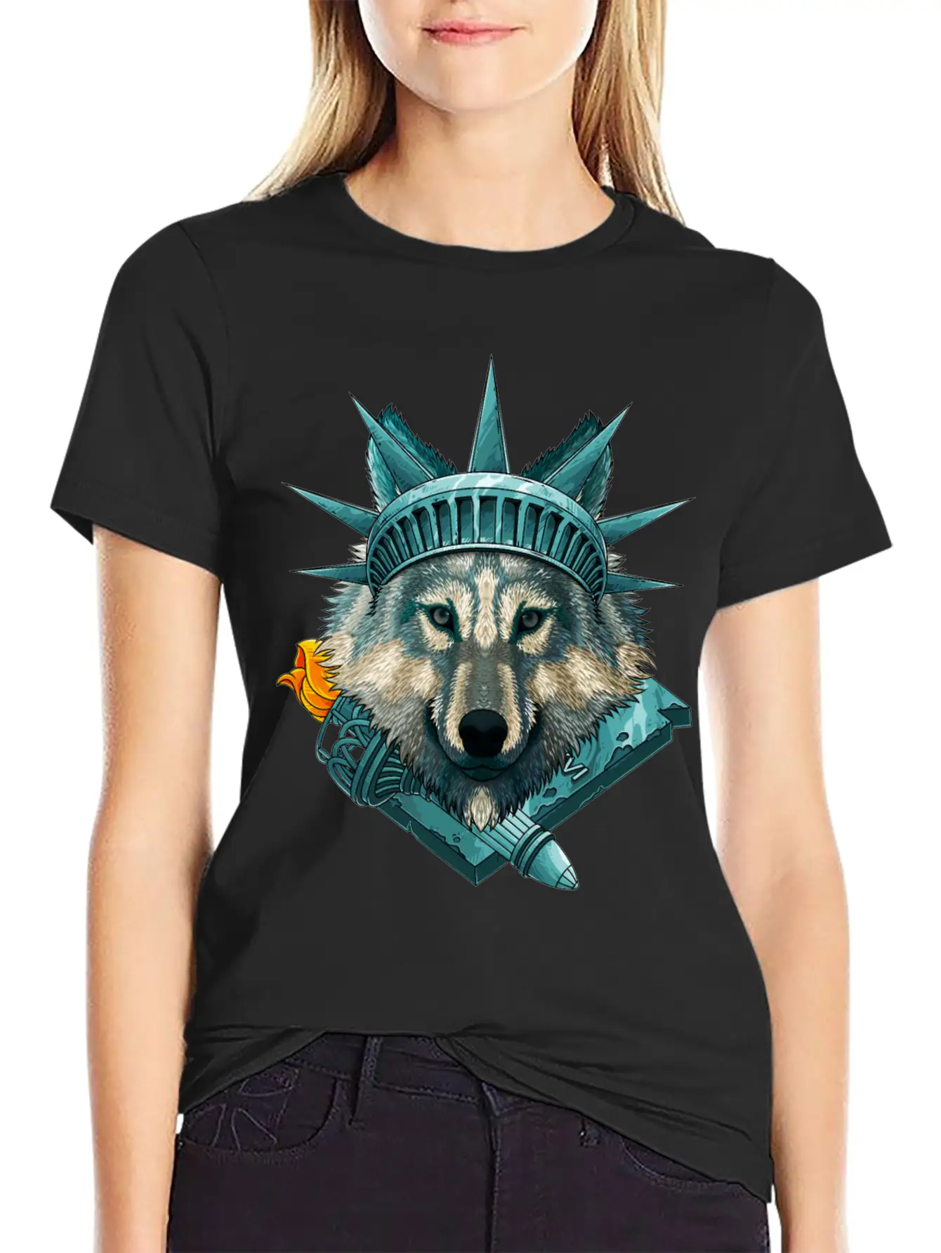 Statue Of Liberty Wolf 4th Of July Animal USA Amer Lightweight Cotton T-Shirt – Daily Comfort Graphic Shirt