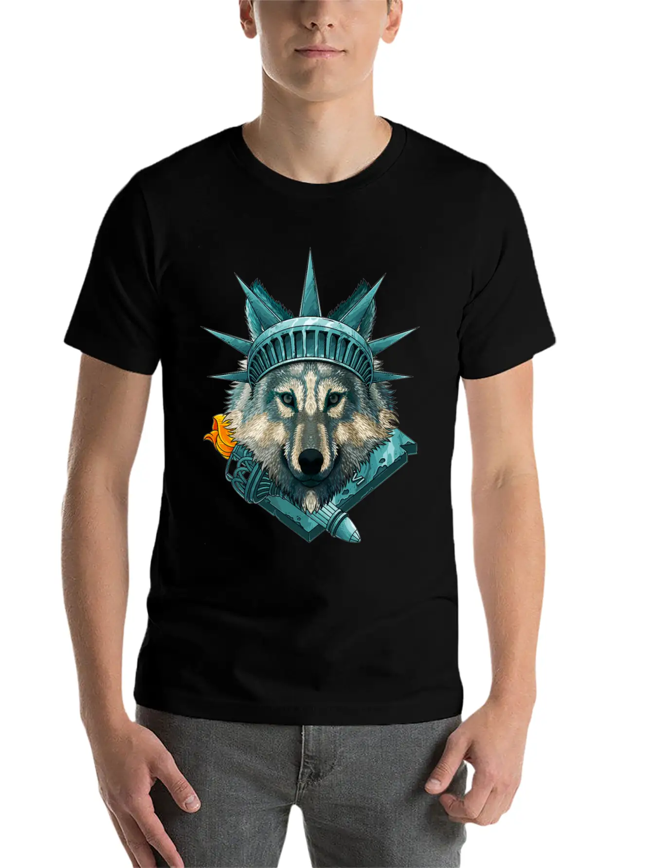 Statue Of Liberty Wolf 4th Of July Animal USA Amer Lightweight Cotton T-Shirt – Daily Comfort Graphic Shirt
