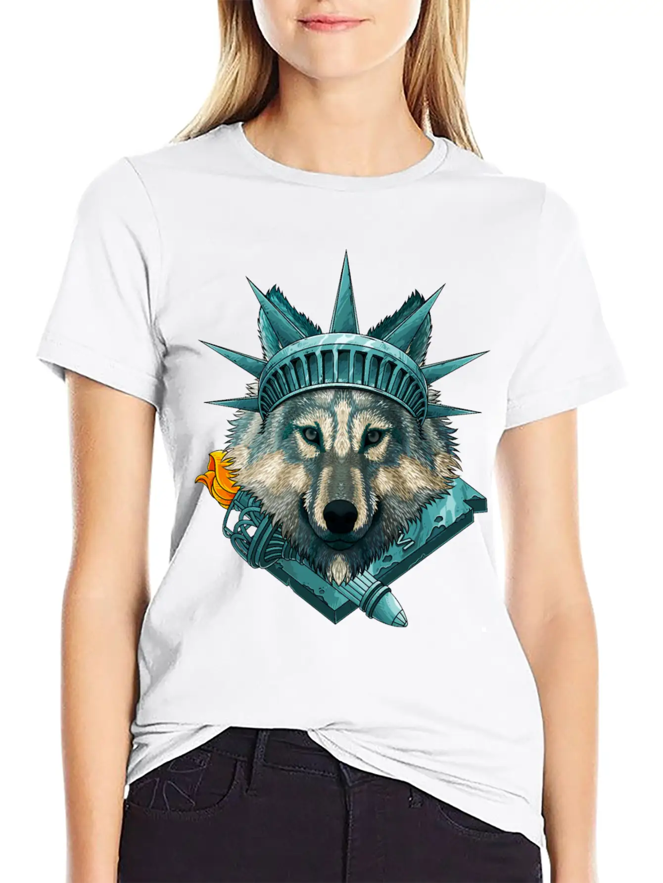 Statue Of Liberty Wolf 4th Of July Animal USA Amer Lightweight Cotton T-Shirt – Daily Comfort Graphic Shirt