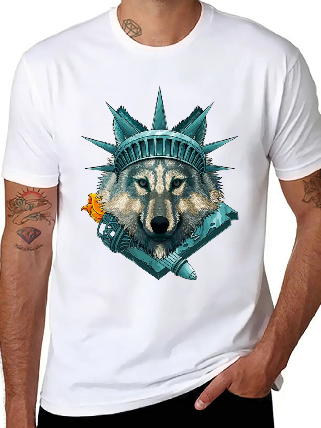 Statue Of Liberty Wolf 4th Of July Animal USA Amer Lightweight Cotton T-Shirt – Daily Comfort Graphic Shirt