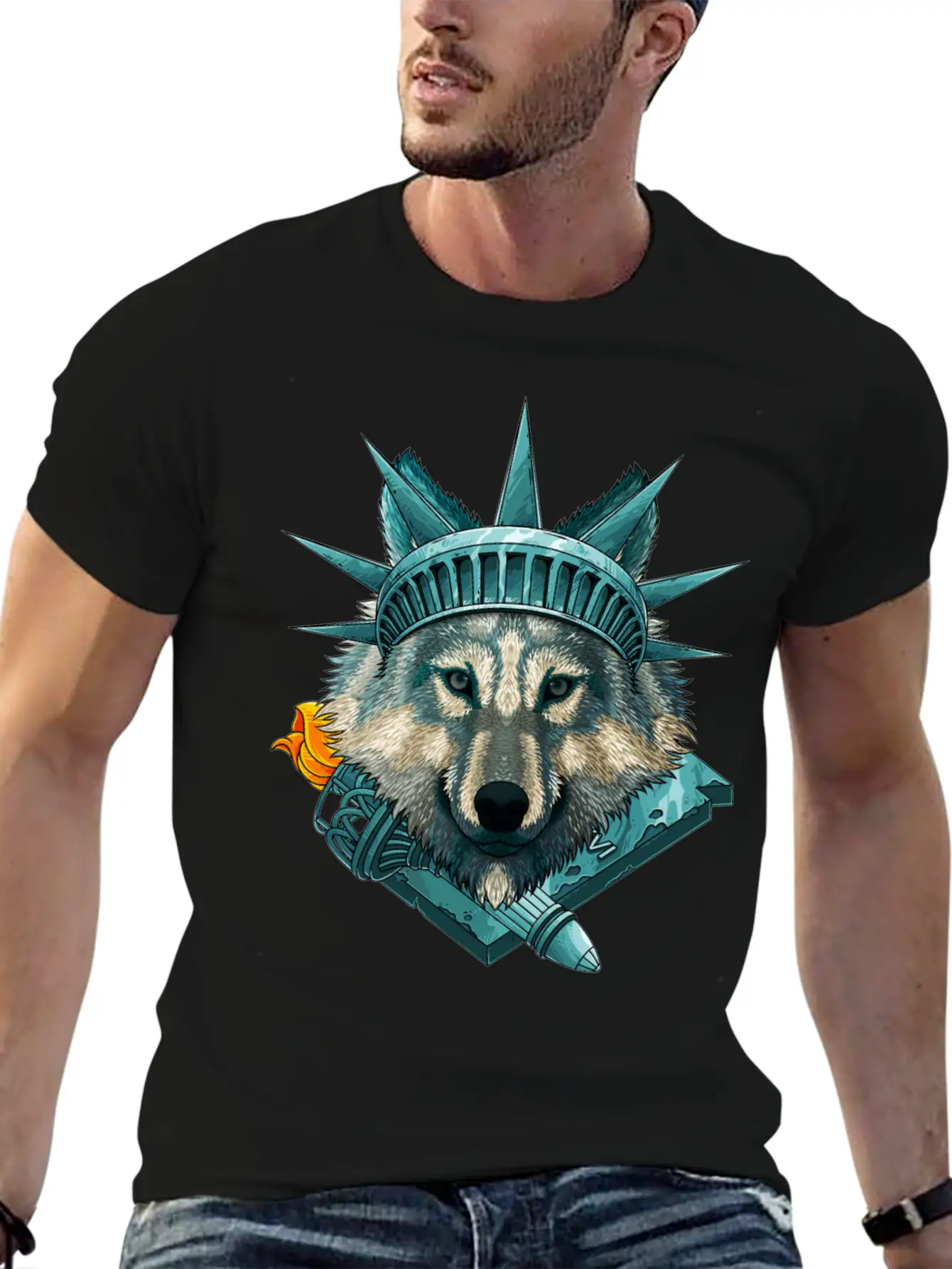 Statue Of Liberty Wolf 4th Of July Animal USA Amer Lightweight Cotton T-Shirt – Daily Comfort Graphic Shirt