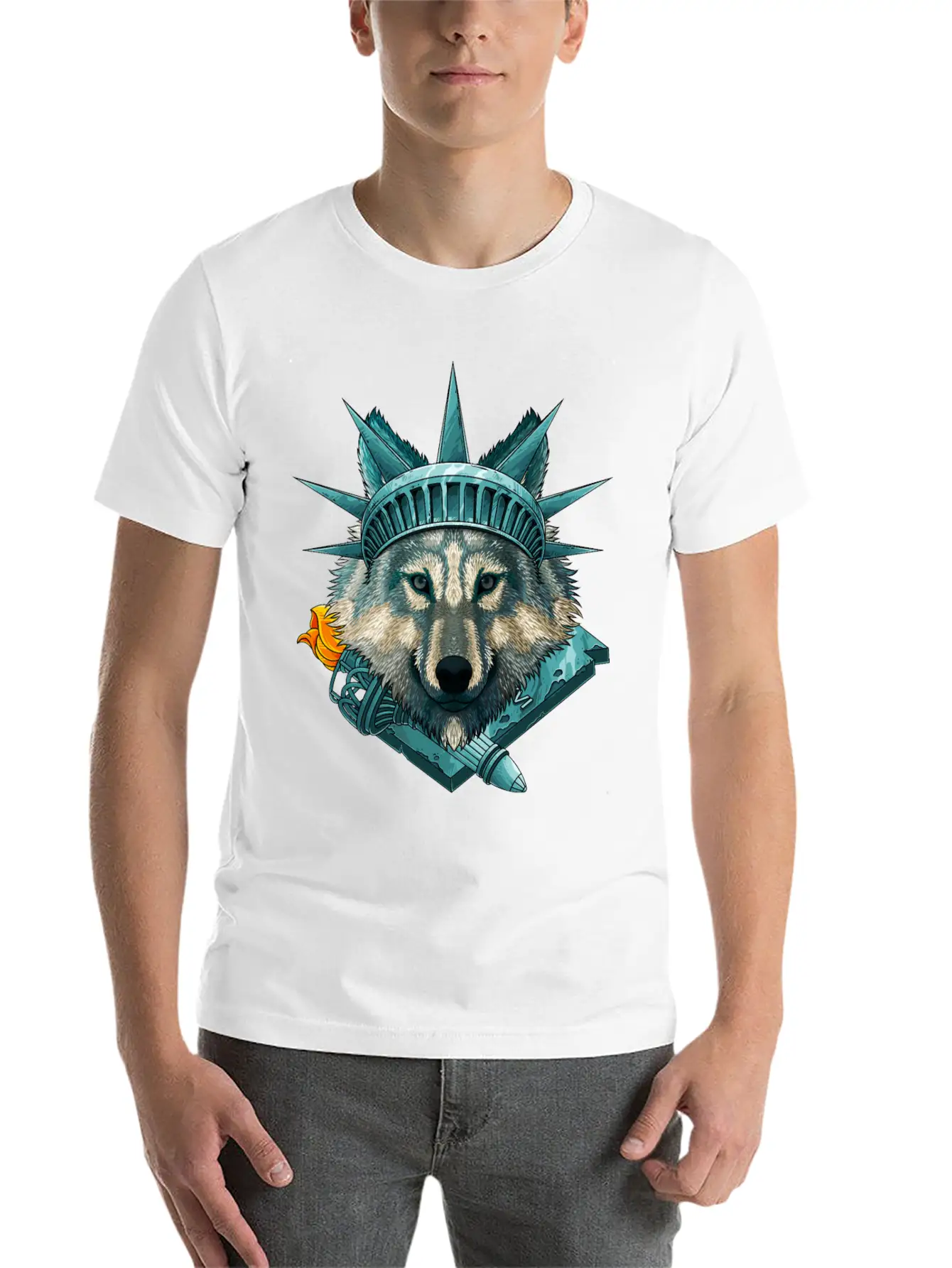 Statue Of Liberty Wolf 4th Of July Animal USA Amer Lightweight Cotton T-Shirt – Daily Comfort Graphic Shirt