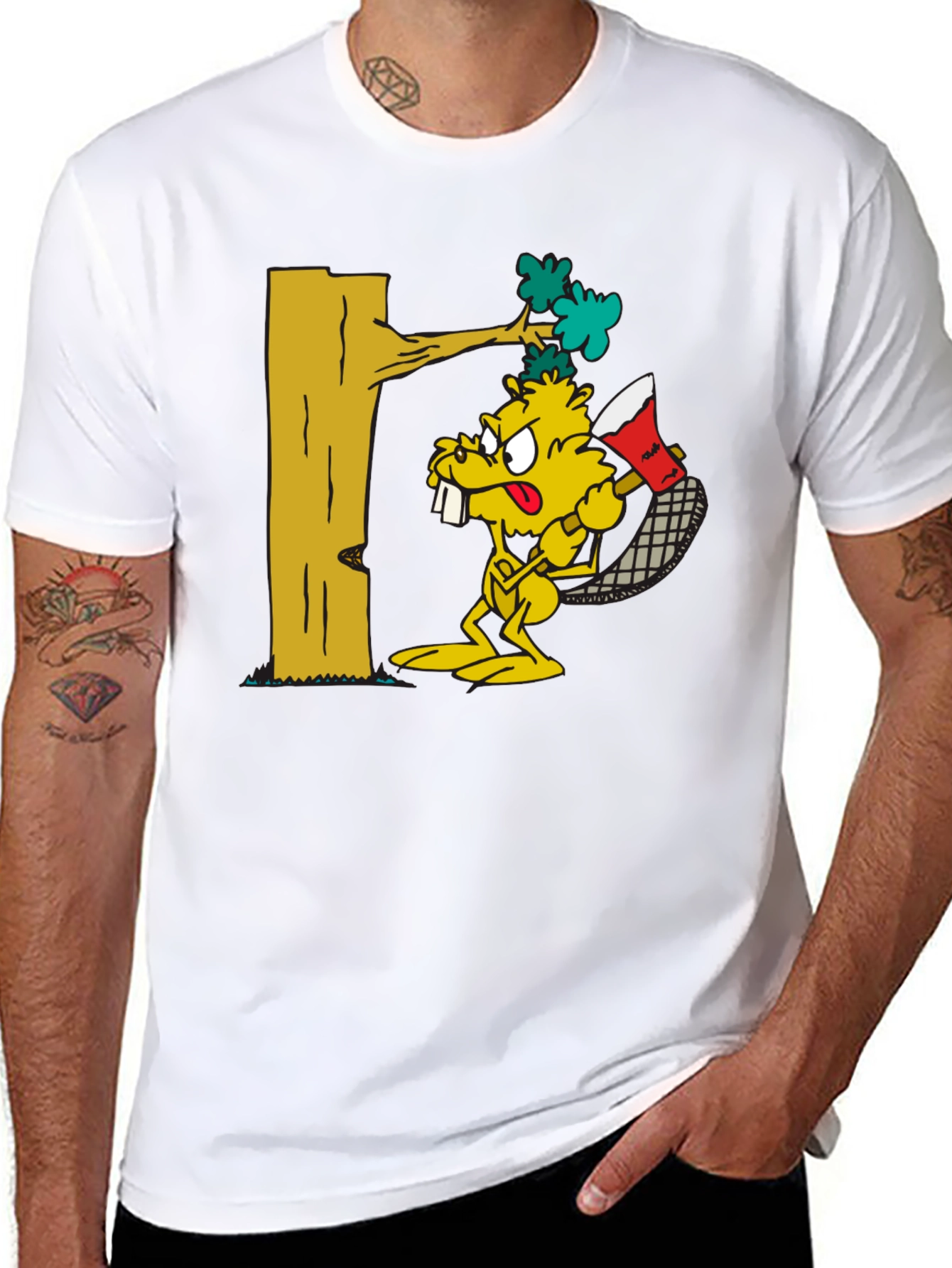 Cartoon Beaver Lumberjack Black T-Shirt