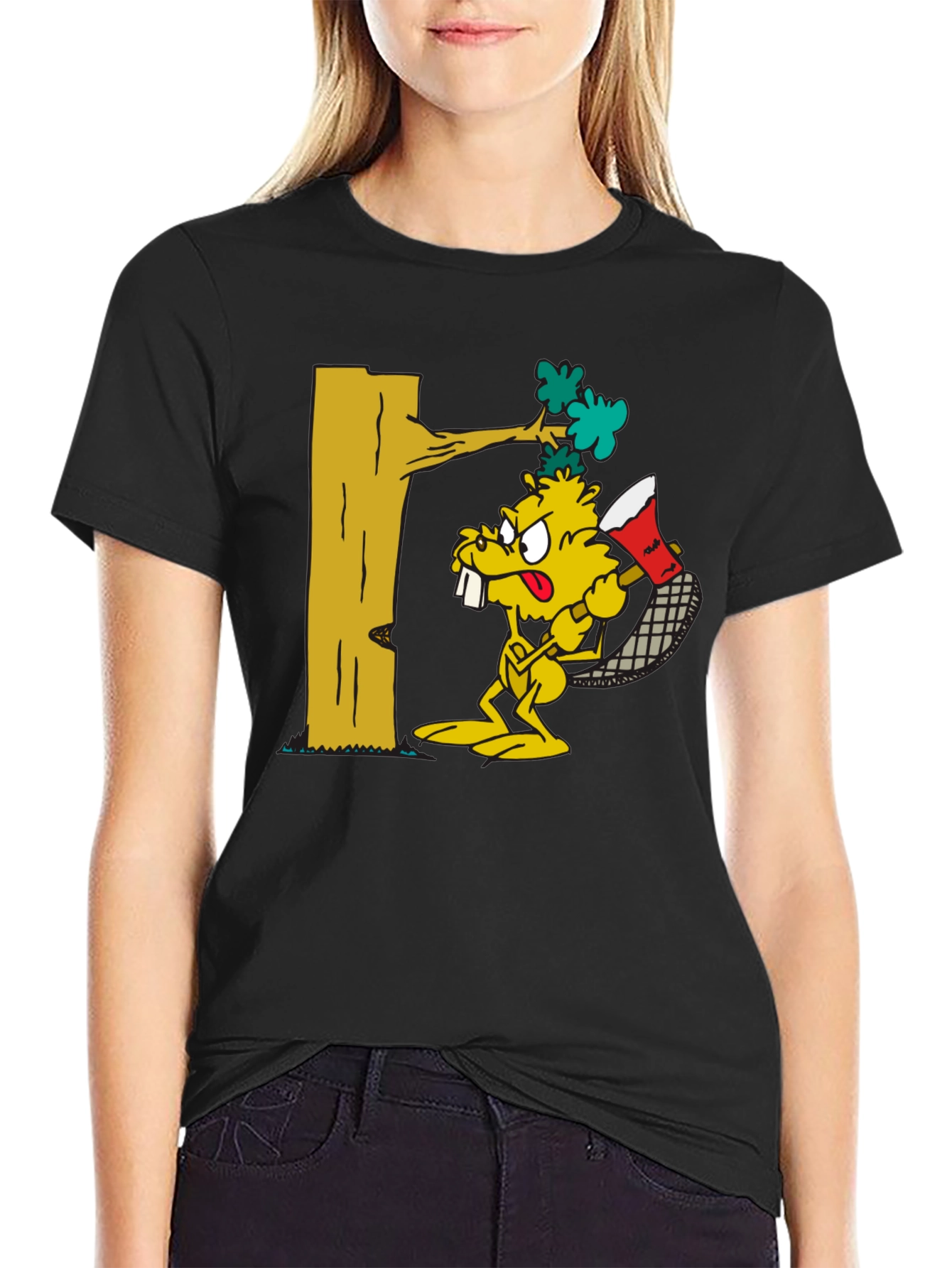 Cartoon Beaver Lumberjack Black T-Shirt