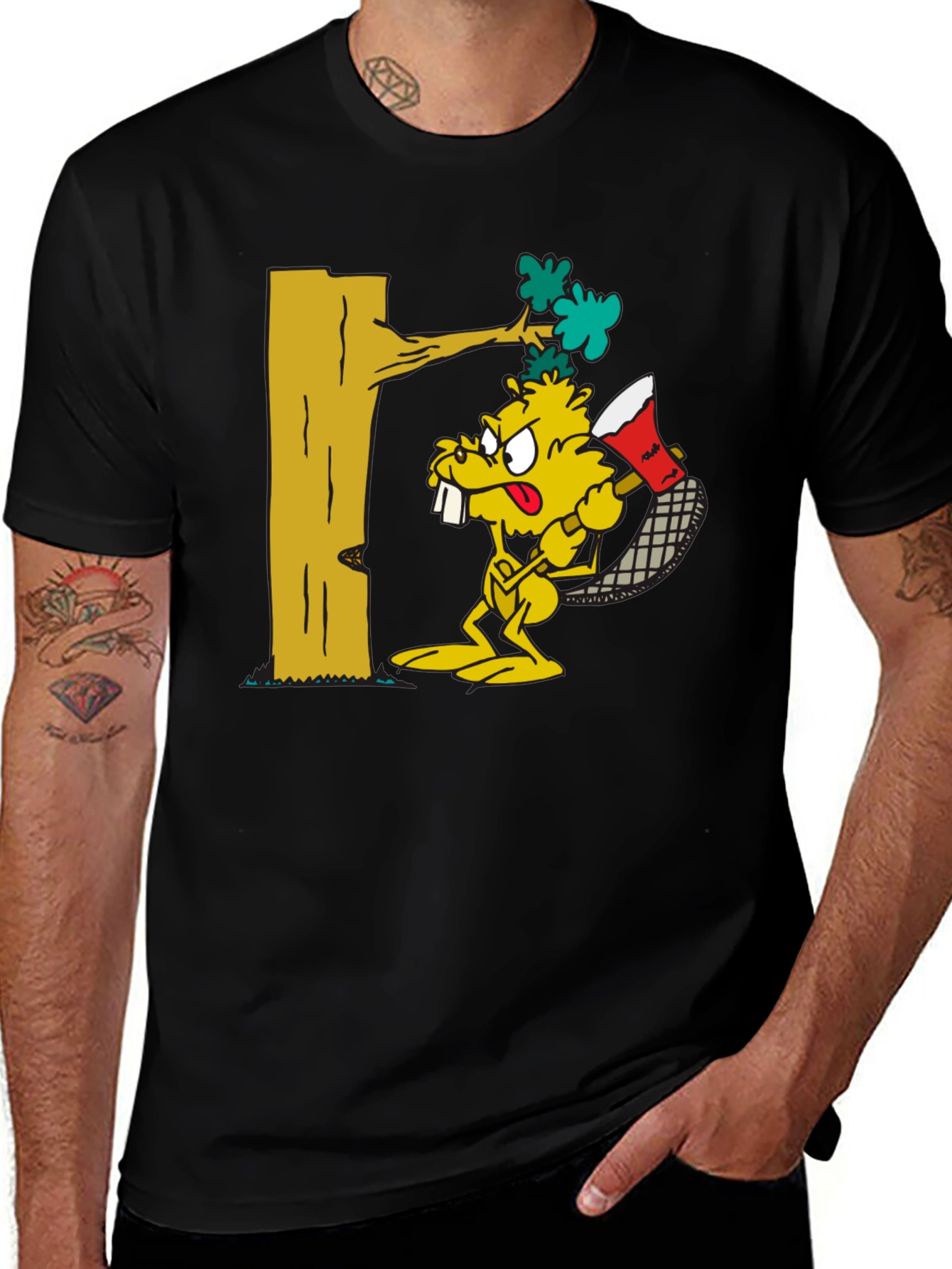 Cartoon Beaver Lumberjack Black T-Shirt
