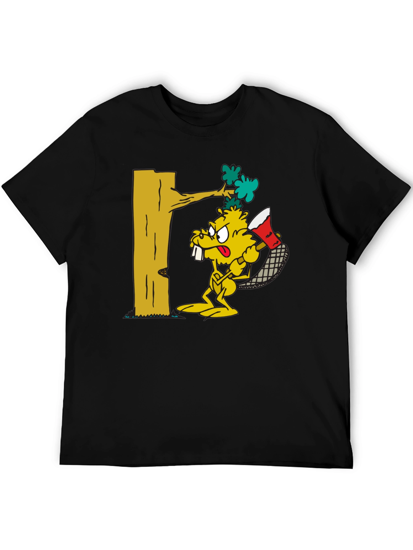 Cartoon Beaver Lumberjack Black T-Shirt