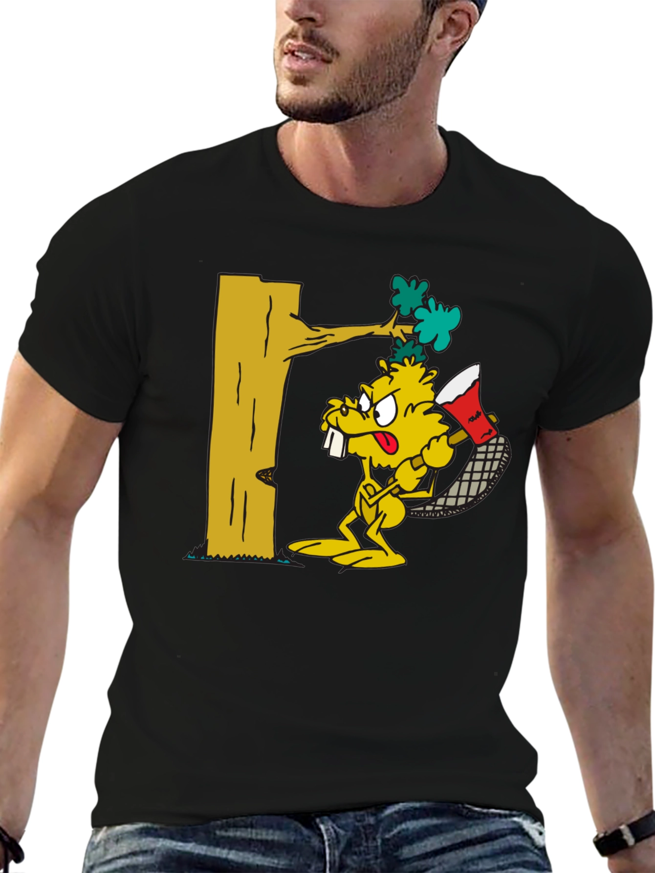 Cartoon Beaver Lumberjack Black T-Shirt