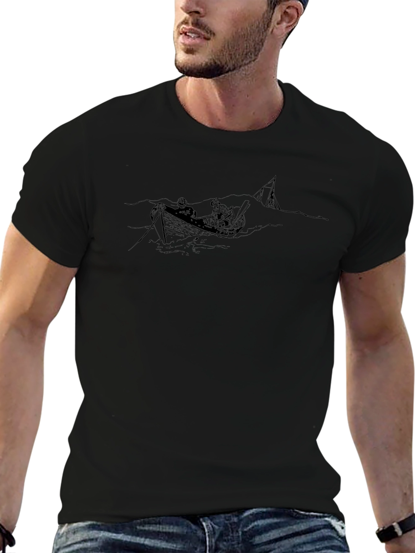 Black T-Shirt with Boat Graphic