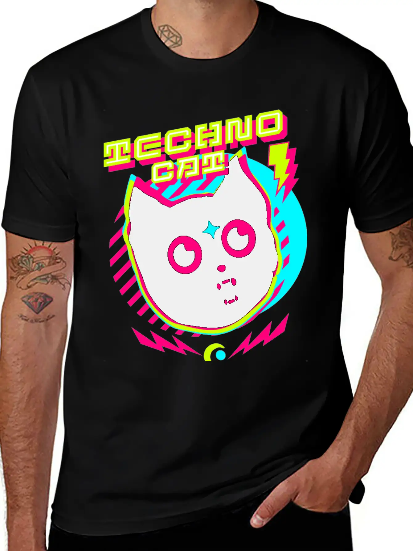 TECHNO - Techno Cat (lime/pink) Lightweight Cotton T-Shirt – Daily Comfort Graphic Shirt