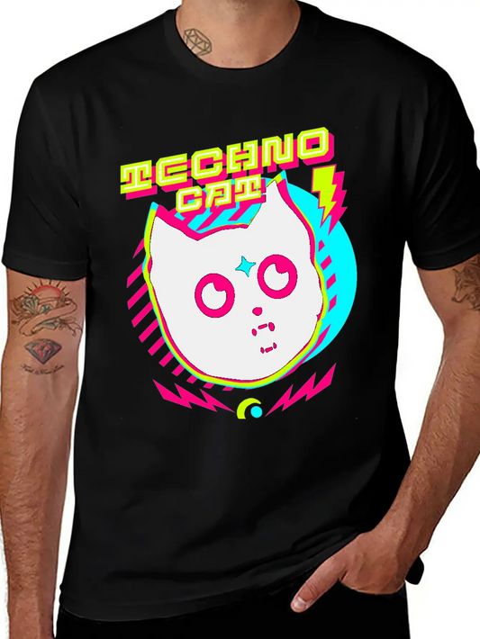 TECHNO - Techno Cat (lime/pink) Lightweight Cotton T-Shirt – Daily Comfort Graphic Shirt