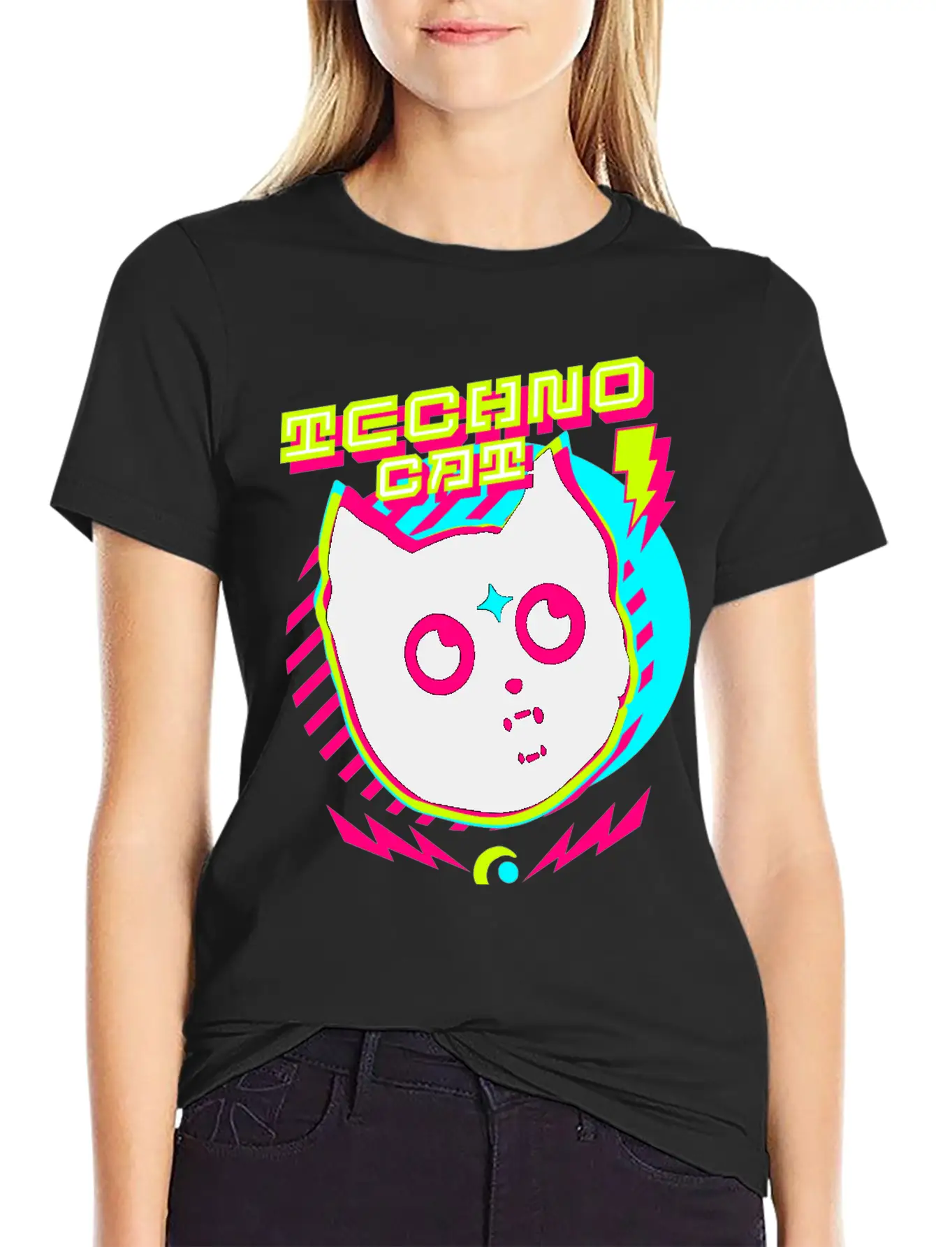 TECHNO - Techno Cat (lime/pink) Lightweight Cotton T-Shirt – Daily Comfort Graphic Shirt