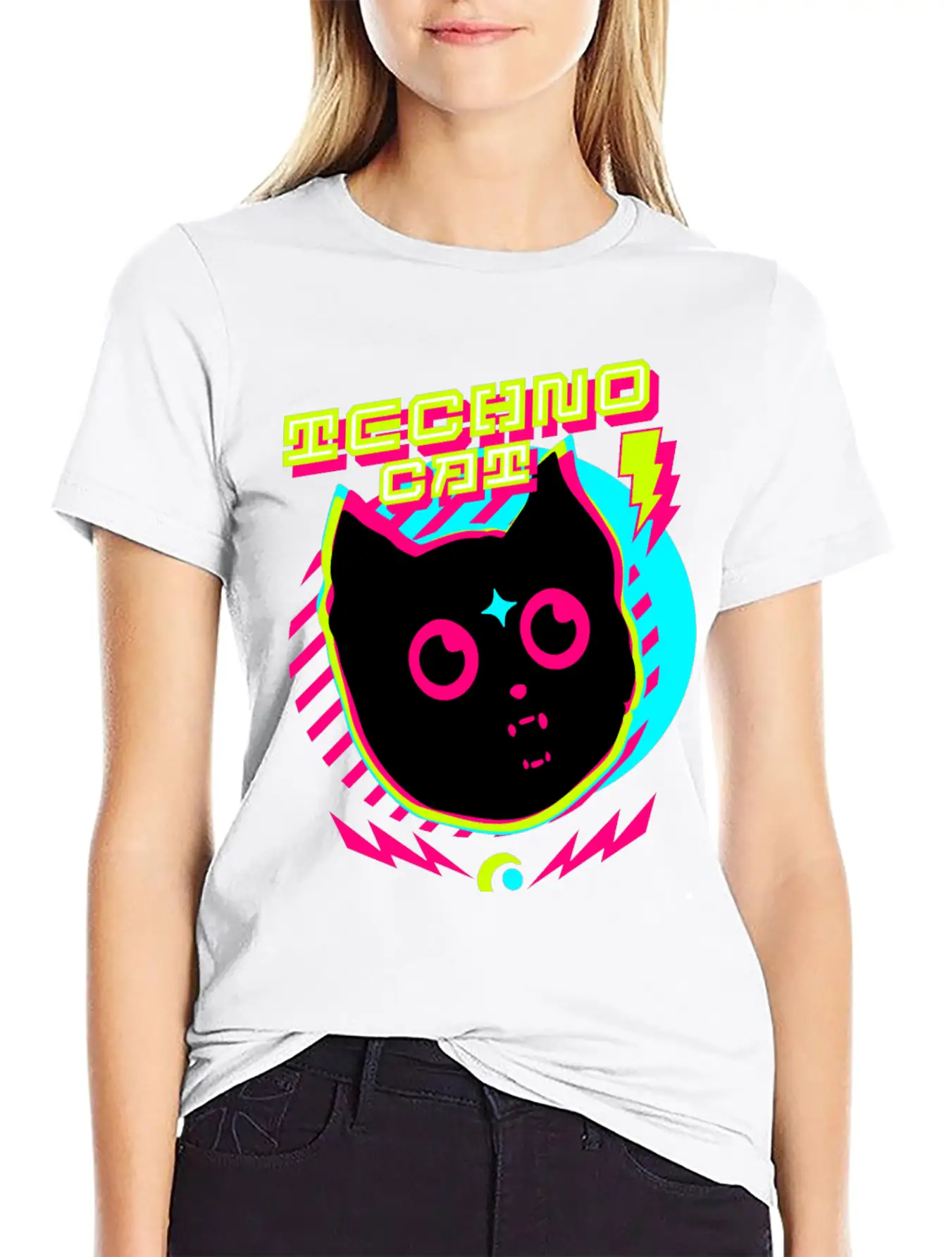 TECHNO - Techno Cat (lime/pink) Lightweight Cotton T-Shirt – Daily Comfort Graphic Shirt
