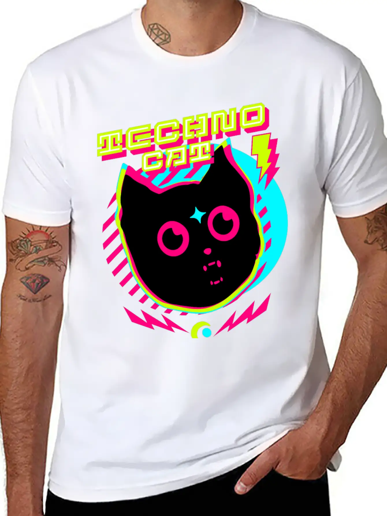 TECHNO - Techno Cat (lime/pink) Lightweight Cotton T-Shirt – Daily Comfort Graphic Shirt