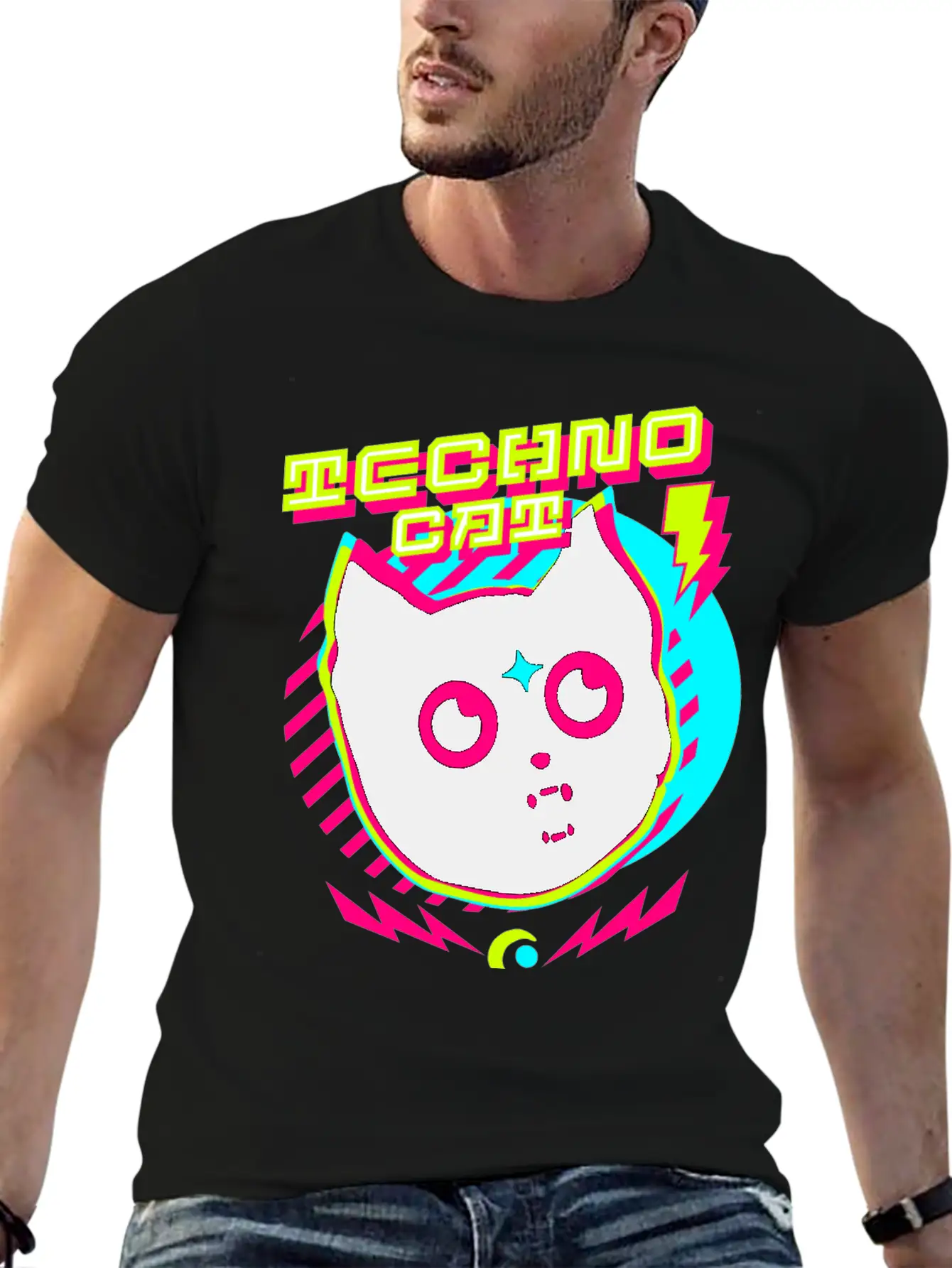 TECHNO - Techno Cat (lime/pink) Lightweight Cotton T-Shirt – Daily Comfort Graphic Shirt