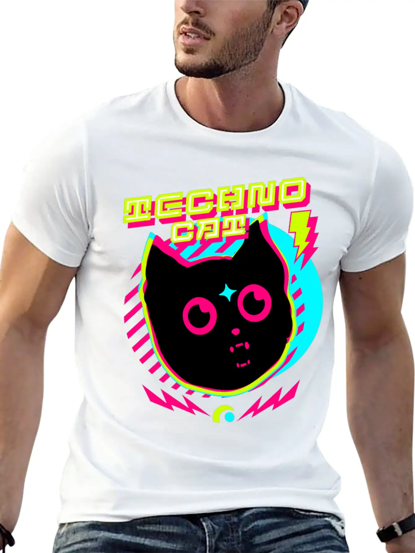 TECHNO - Techno Cat (lime/pink) Lightweight Cotton T-Shirt – Daily Comfort Graphic Shirt