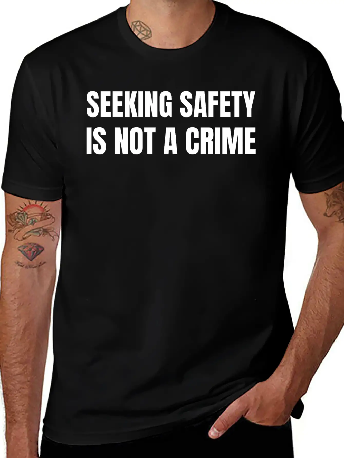 Text: Seeking Safety Is Not A Crime (white) Lightweight Cotton T-Shirt – Daily Comfort Graphic Shirt