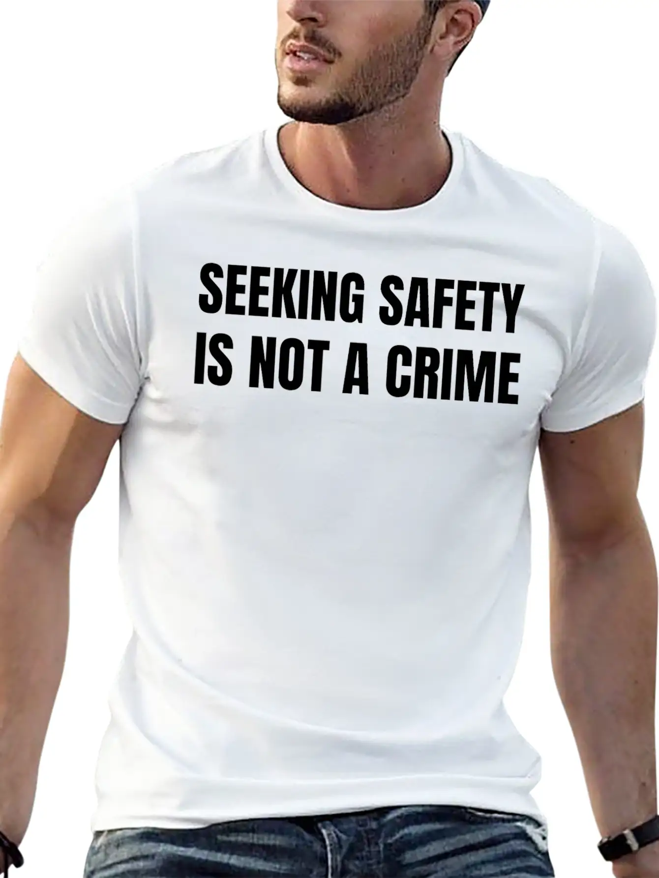 Text: Seeking Safety Is Not A Crime (white) Lightweight Cotton T-Shirt – Daily Comfort Graphic Shirt