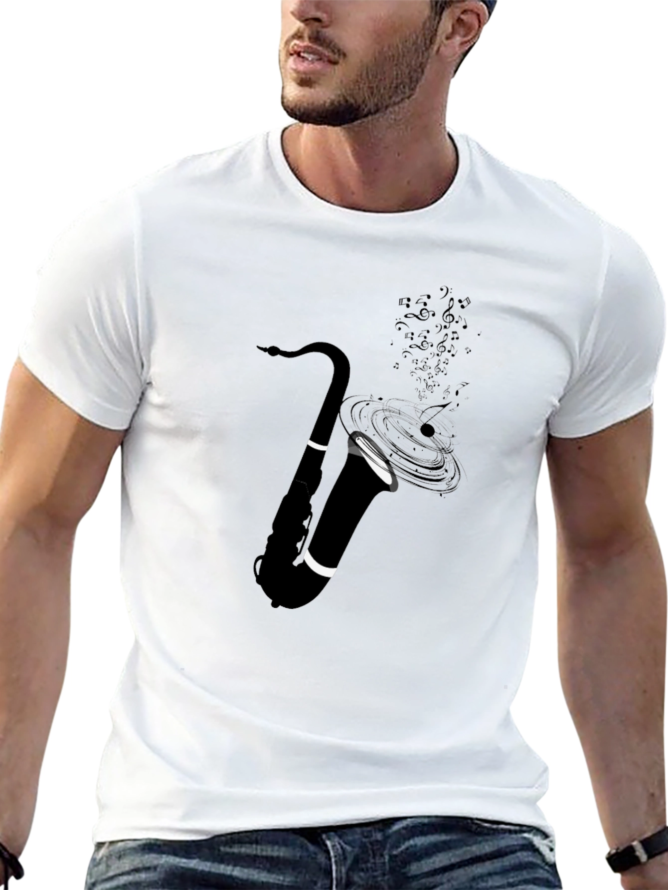 Saxophone Music Notes Graphic Tee - Black