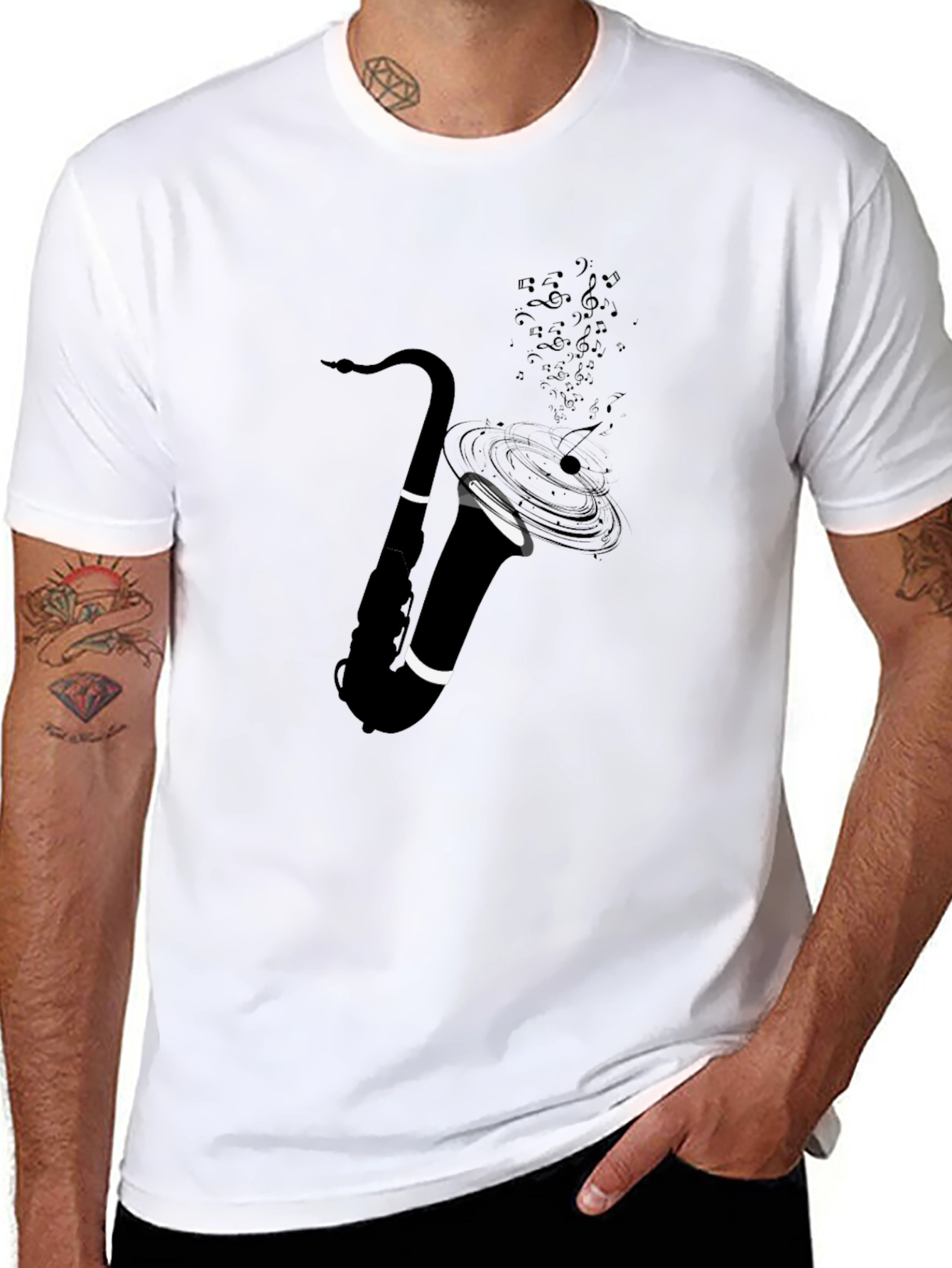 Saxophone Music Notes Graphic Tee - Black