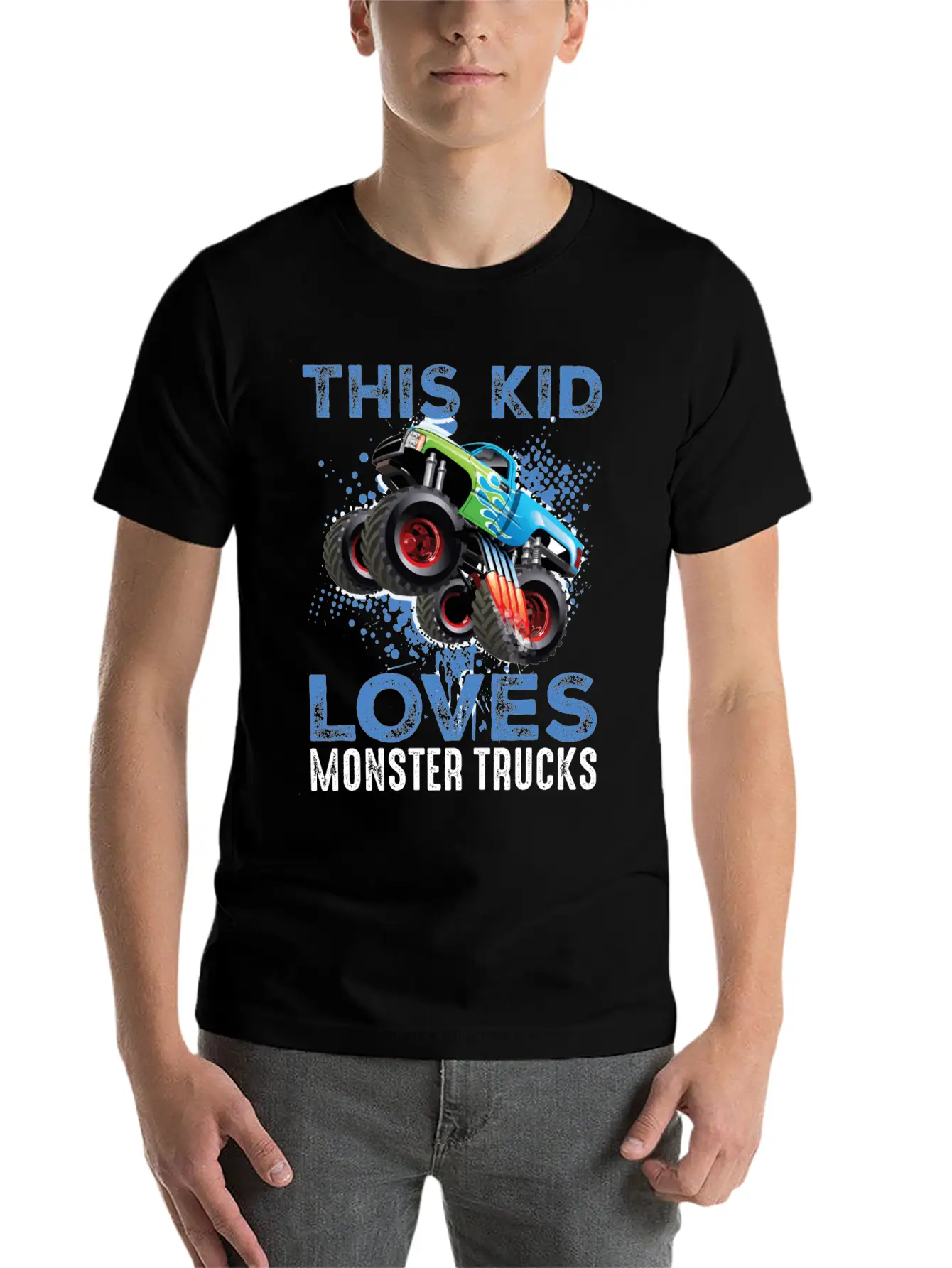 This Kid Loves Monster Trucks Lightweight Cotton T-Shirt – Daily Comfort Graphic Shirt