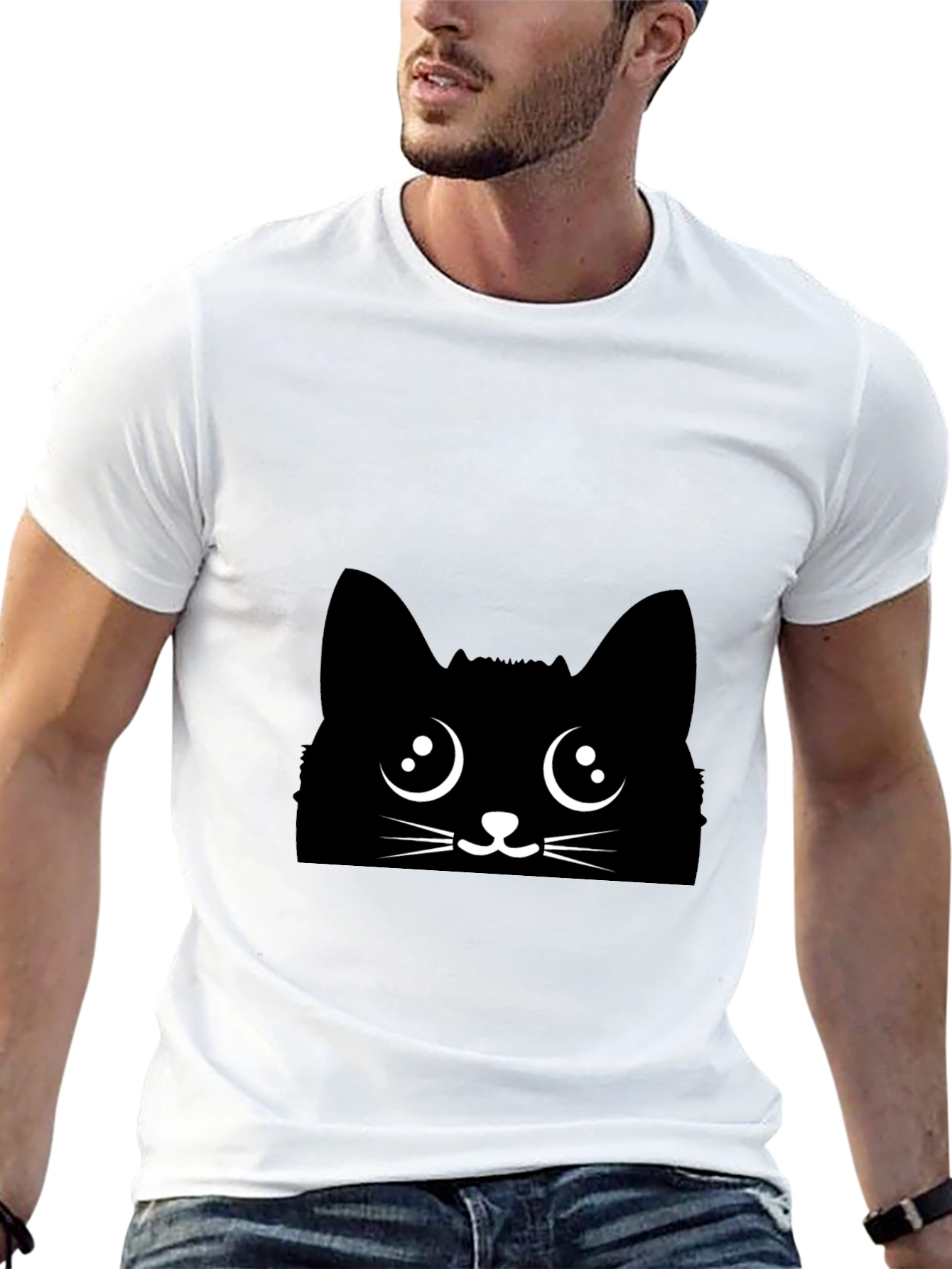 Black Cat Face Graphic Tee - Cute Kawaii Style
