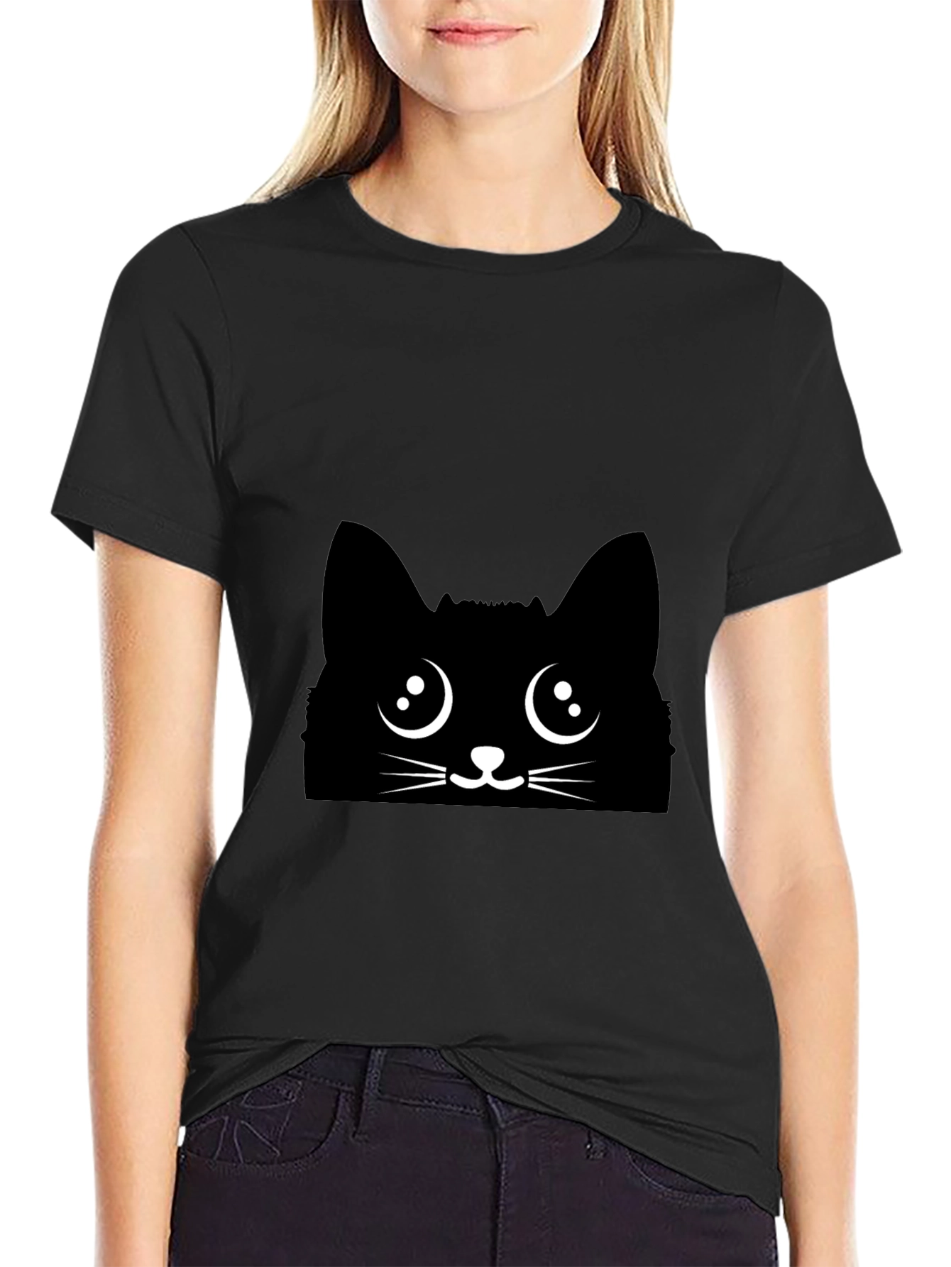 Black Cat Face Graphic Tee - Cute Kawaii Style