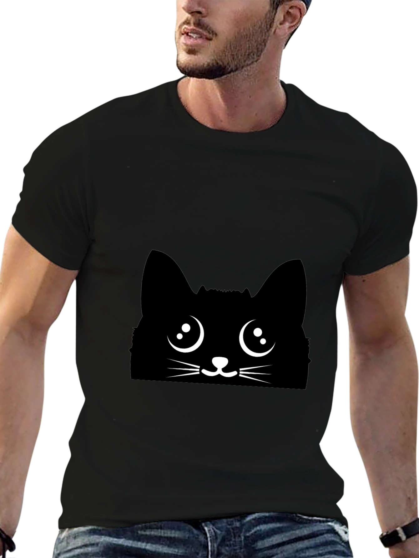 Black Cat Face Graphic Tee - Cute Kawaii Style