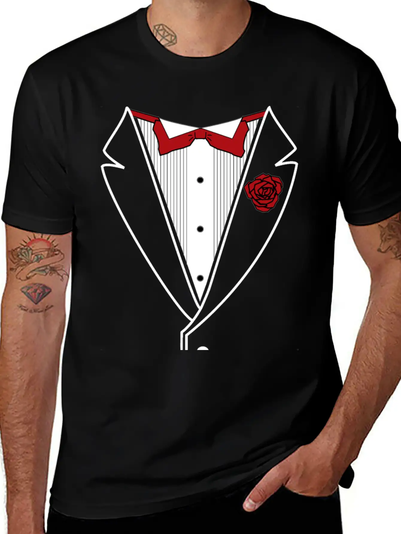Tuxedo With Red Bow Tie Lightweight Cotton T-Shirt – Daily Comfort Graphic Shirt