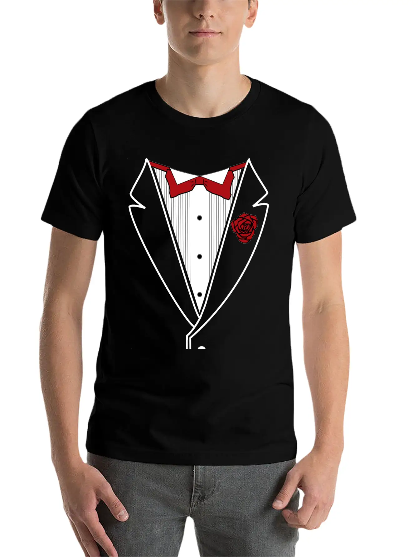 Tuxedo With Red Bow Tie Lightweight Cotton T-Shirt – Daily Comfort Graphic Shirt