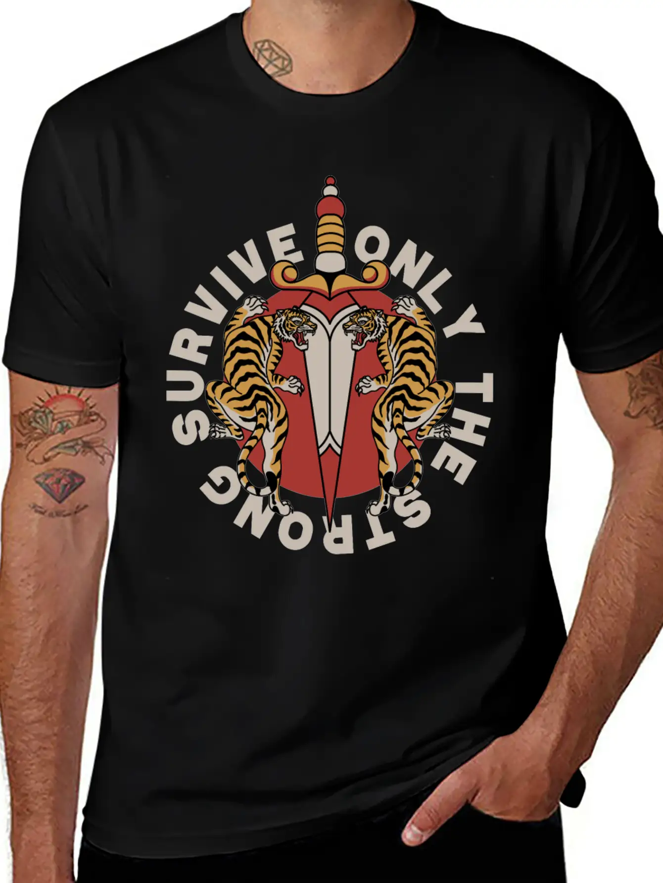 Twin Tigers & Dagger: Tattoo-Style Artwork Lightweight Cotton T-Shirt – Daily Comfort Graphic Shirt