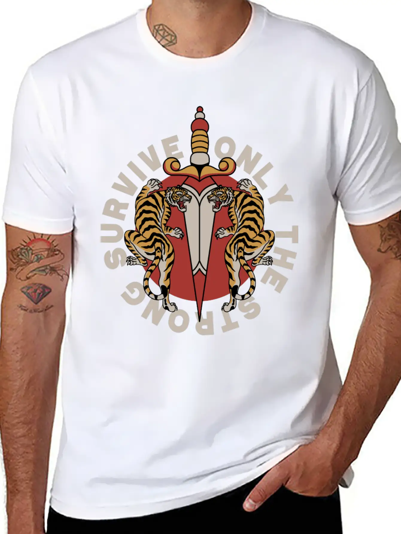 Twin Tigers & Dagger: Tattoo-Style Artwork Lightweight Cotton T-Shirt – Daily Comfort Graphic Shirt