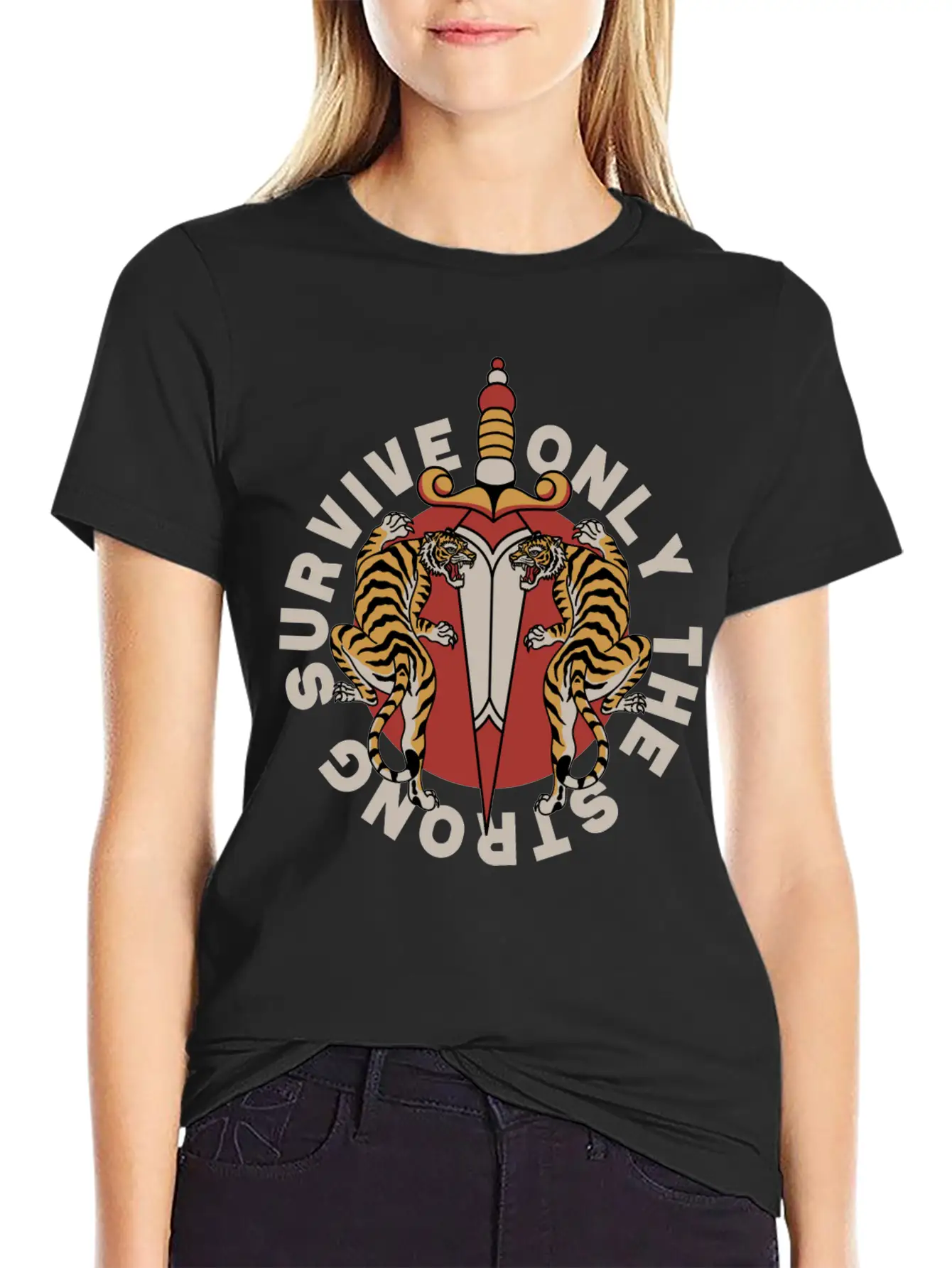 Twin Tigers & Dagger: Tattoo-Style Artwork Lightweight Cotton T-Shirt – Daily Comfort Graphic Shirt
