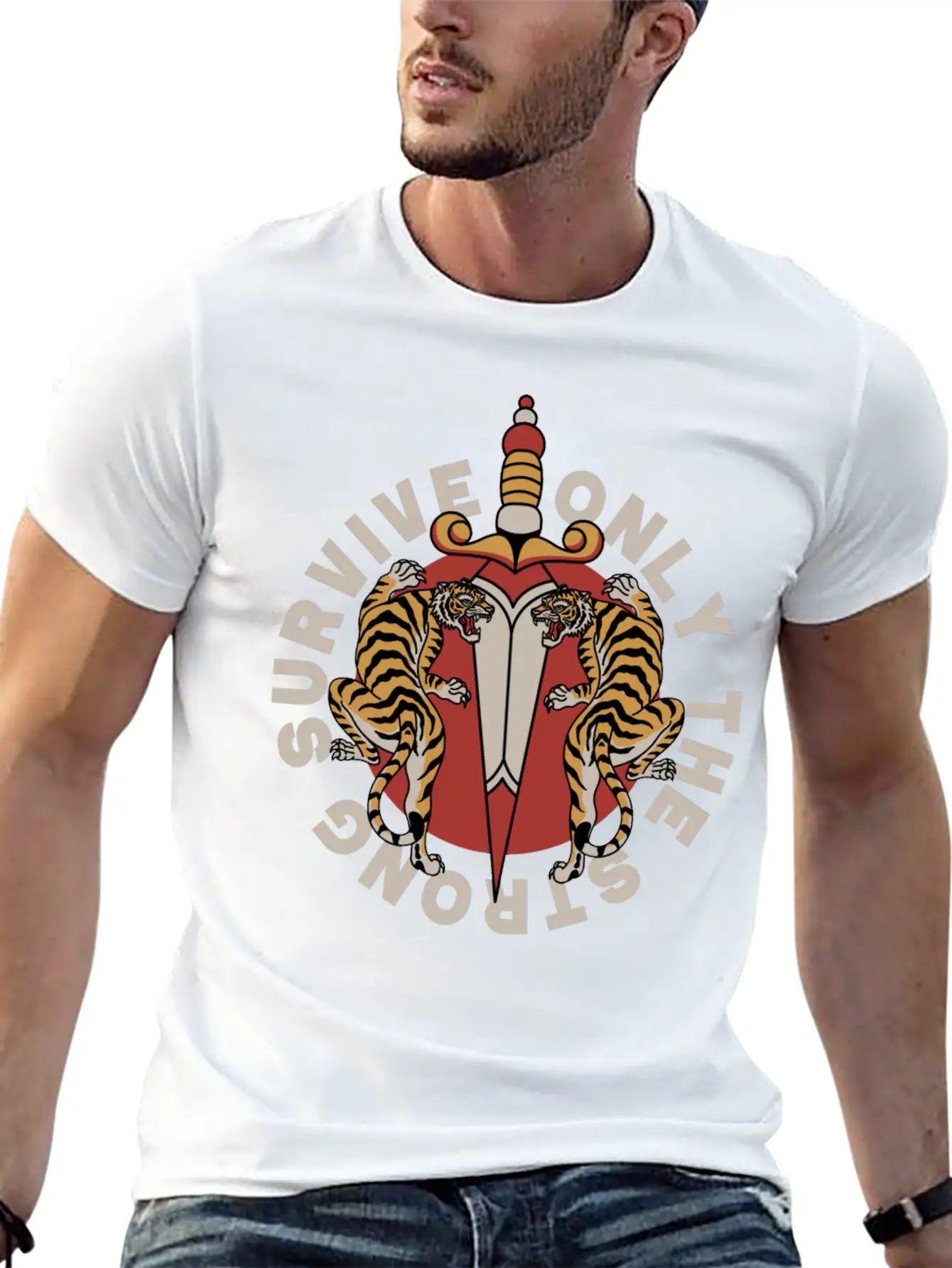Twin Tigers & Dagger: Tattoo-Style Artwork Lightweight Cotton T-Shirt – Daily Comfort Graphic Shirt