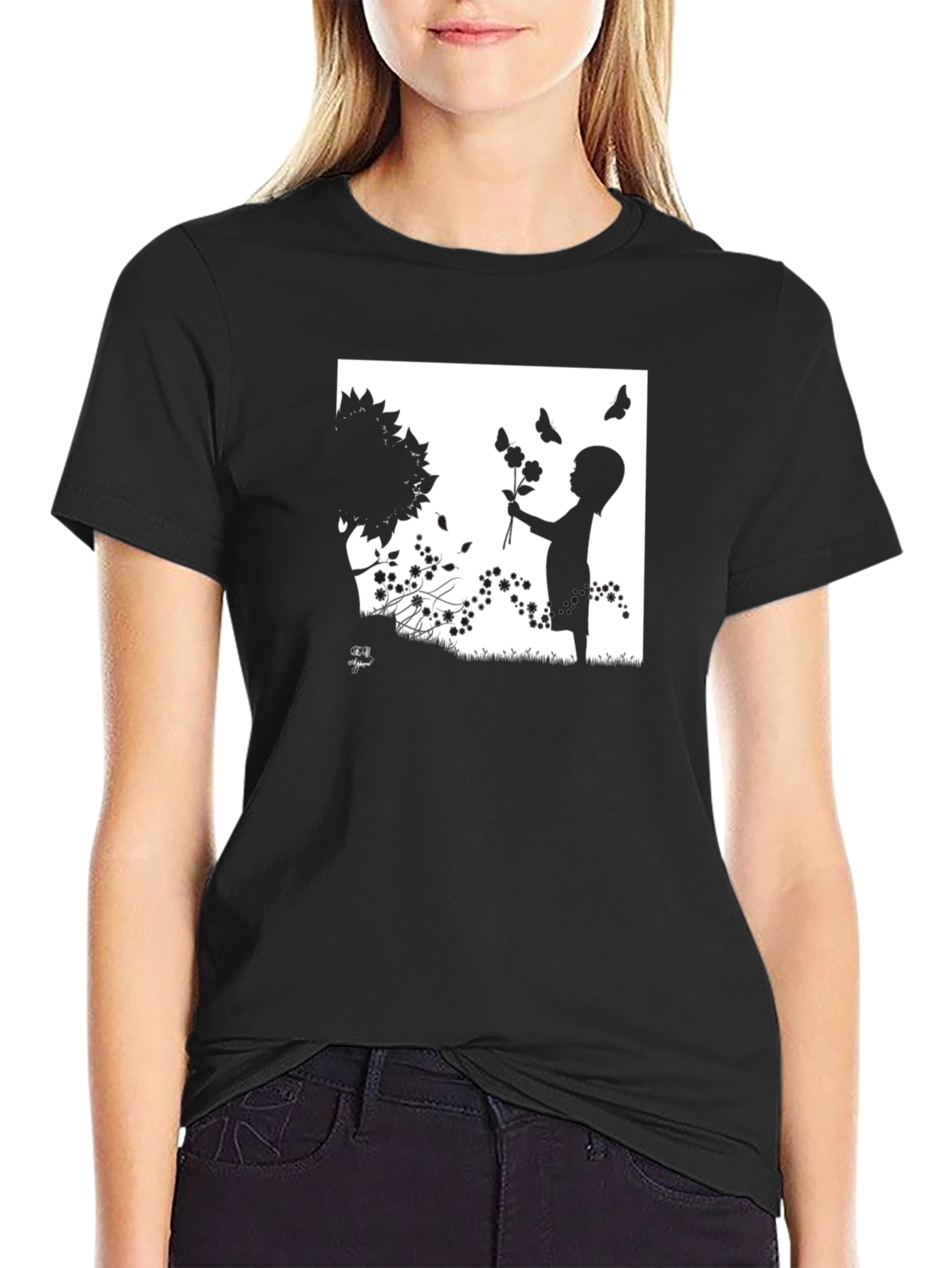Silhouette Child with Flowers Graphic T-Shirt