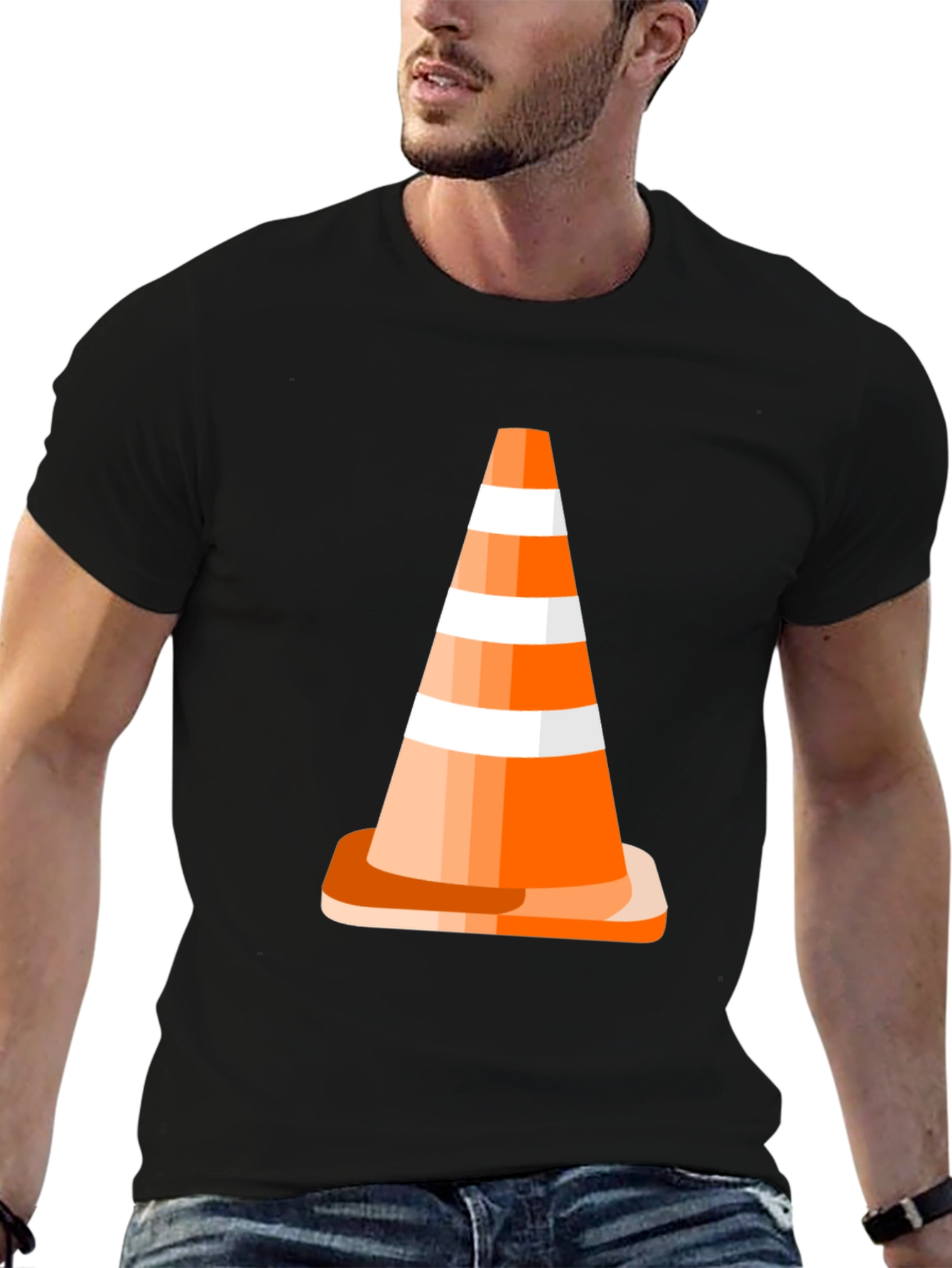 Traffic Cone Graphic Tee - Black Cotton Casual T-Shirt
