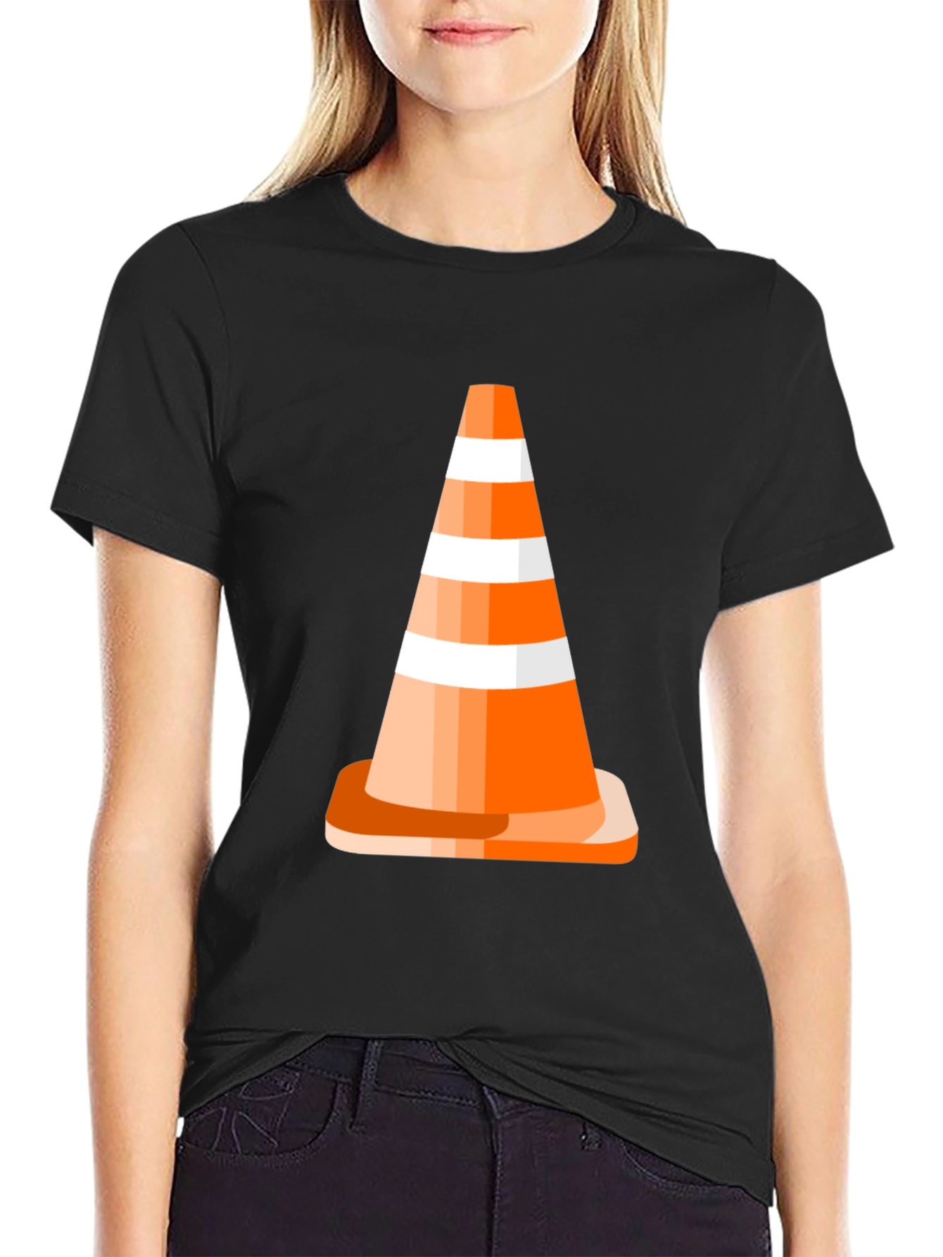Traffic Cone Graphic Tee - Black Cotton Casual T-Shirt