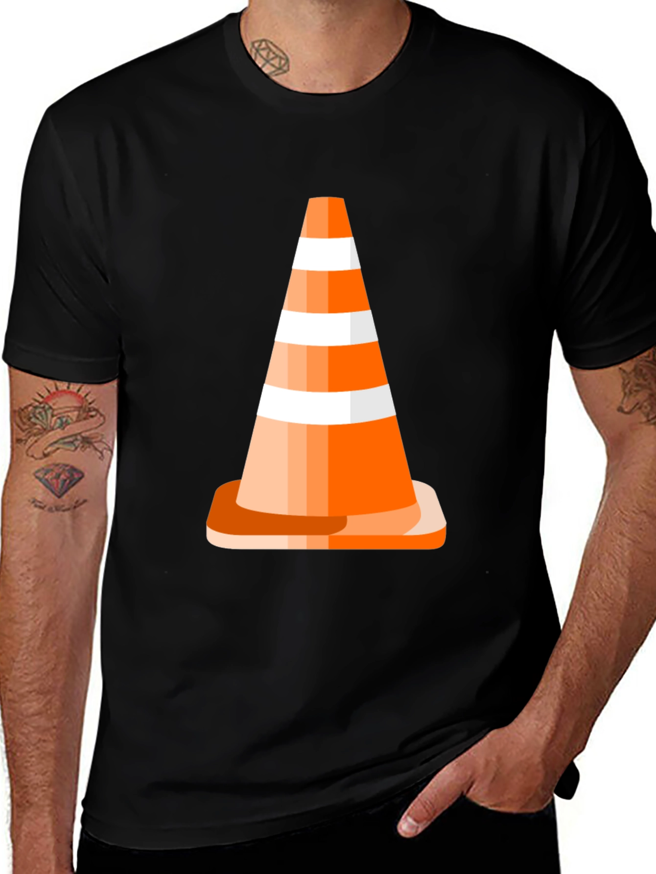 Traffic Cone Graphic Tee - Black Cotton Casual T-Shirt