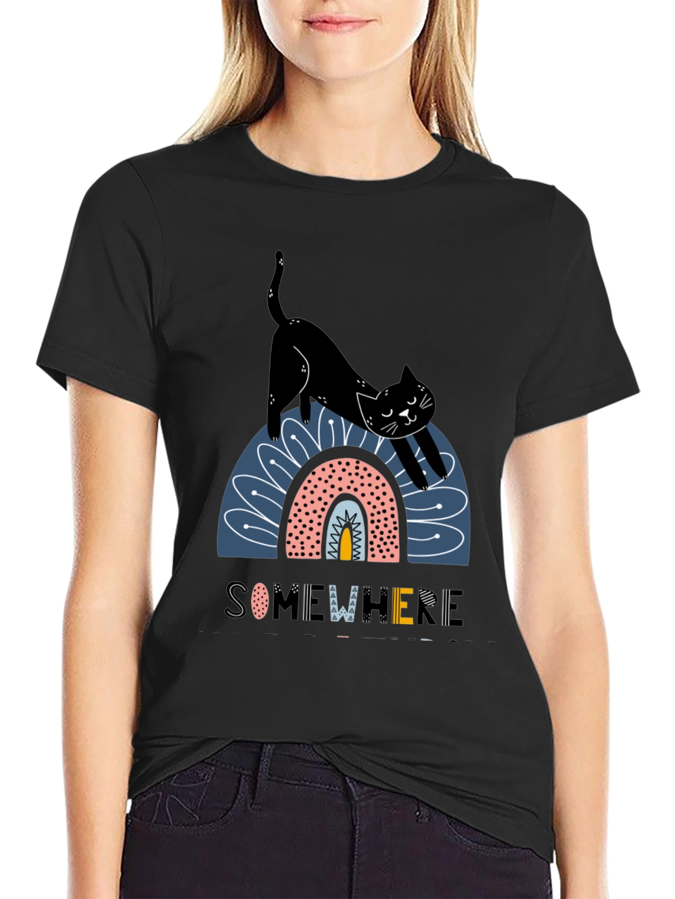 Black Cat Rainbow Graphic T-Shirt