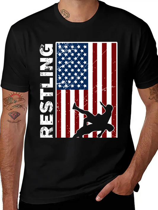 USA Flag Wrestling American Flag Wrestling Lightweight Cotton T-Shirt – Daily Comfort Graphic Shirt