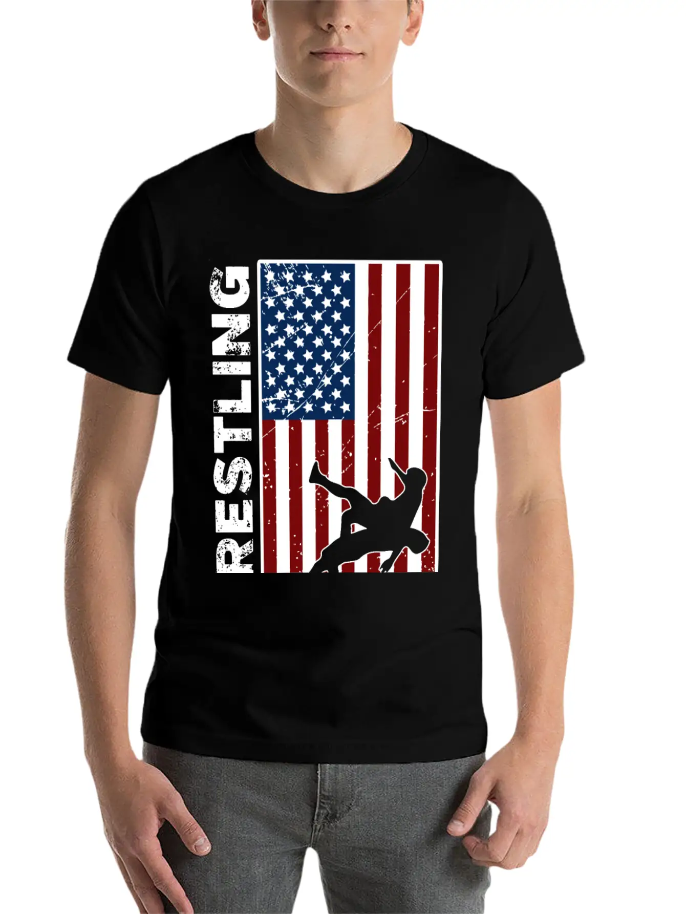 USA Flag Wrestling American Flag Wrestling Lightweight Cotton T-Shirt – Daily Comfort Graphic Shirt