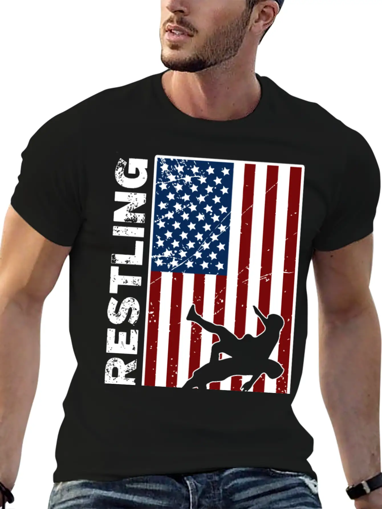 USA Flag Wrestling American Flag Wrestling Lightweight Cotton T-Shirt – Daily Comfort Graphic Shirt