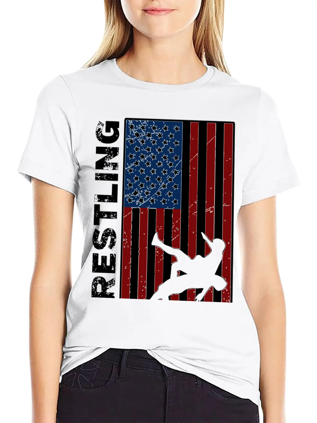 USA Flag Wrestling American Flag Wrestling Lightweight Cotton T-Shirt – Daily Comfort Graphic Shirt