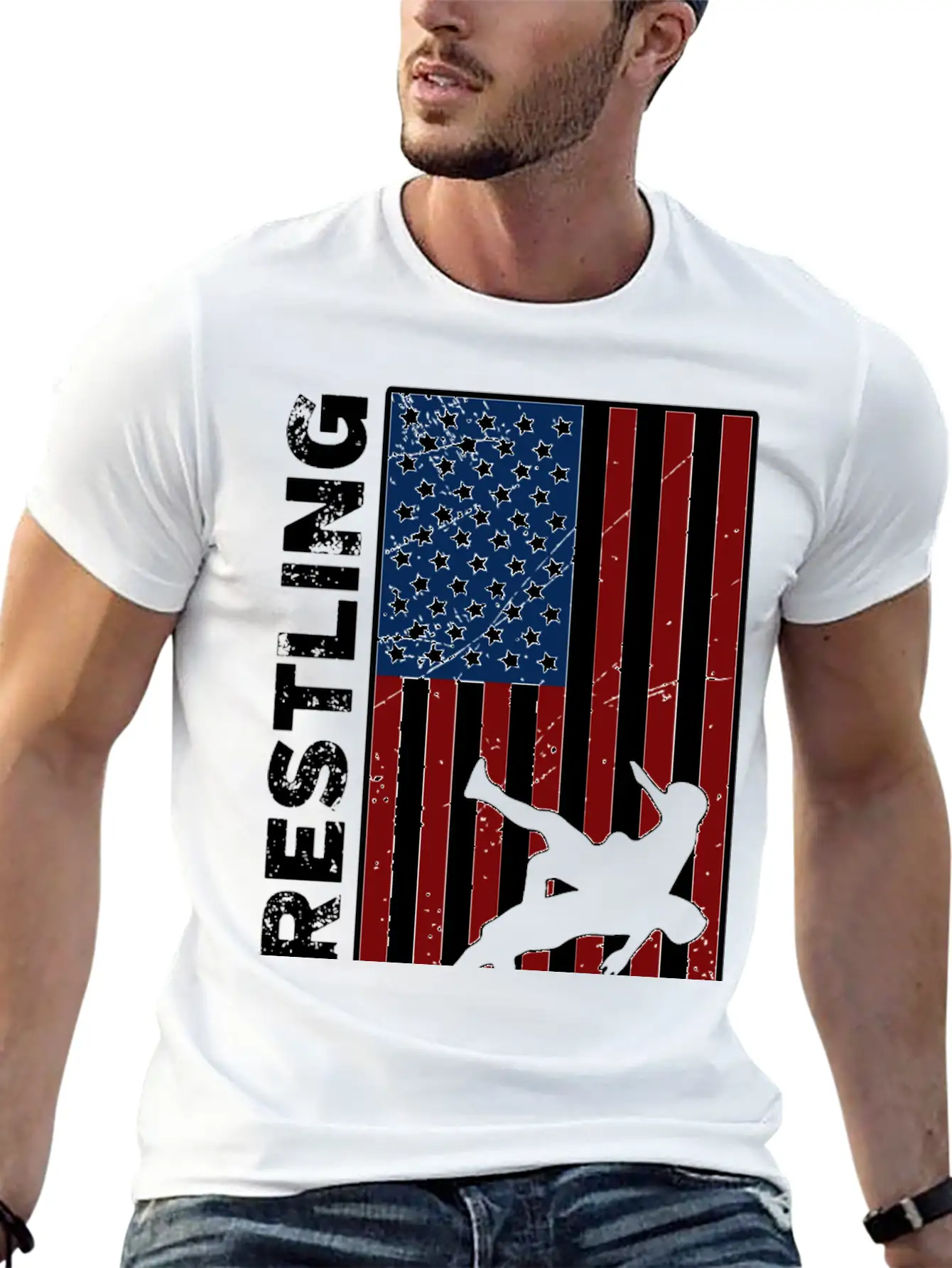 USA Flag Wrestling American Flag Wrestling Lightweight Cotton T-Shirt – Daily Comfort Graphic Shirt