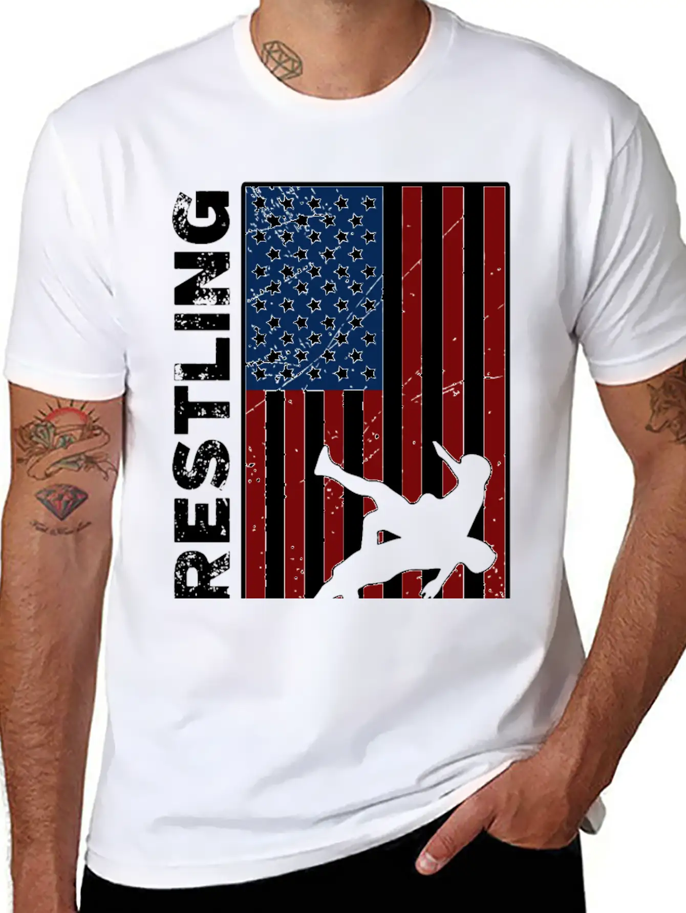USA Flag Wrestling American Flag Wrestling Lightweight Cotton T-Shirt – Daily Comfort Graphic Shirt