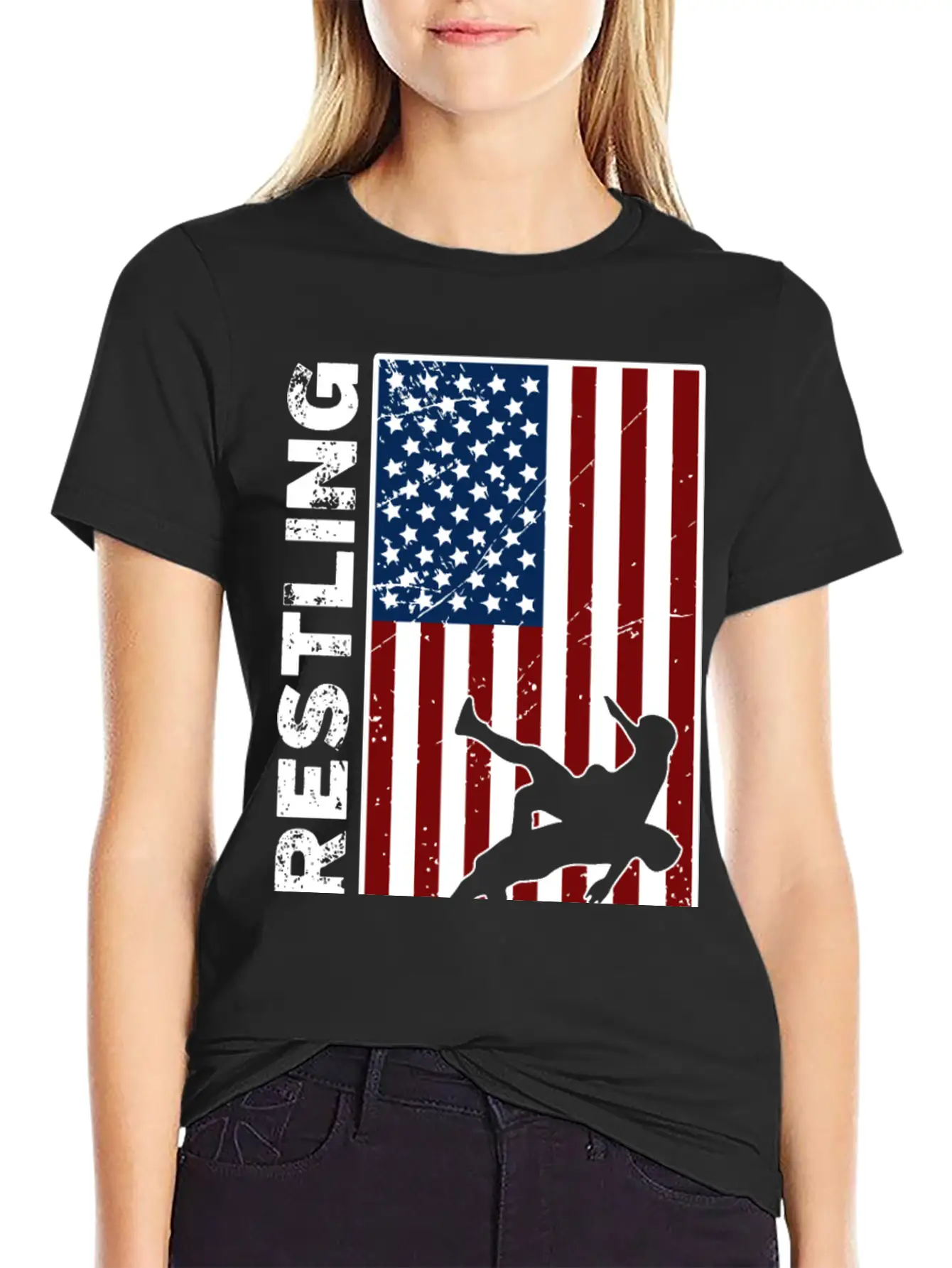 USA Flag Wrestling American Flag Wrestling Lightweight Cotton T-Shirt – Daily Comfort Graphic Shirt