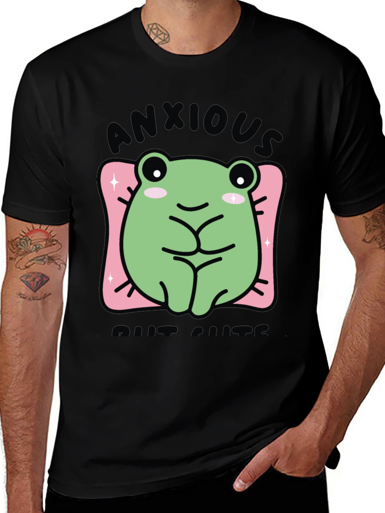 Anxious But Cute Frog Graphic Tee - Black