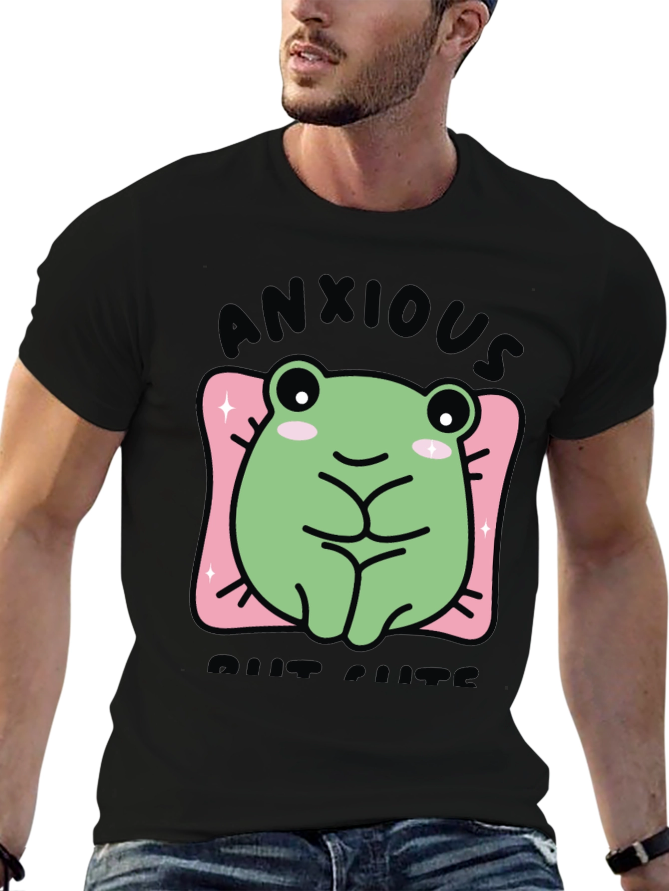 Anxious But Cute Frog Graphic Tee - Black